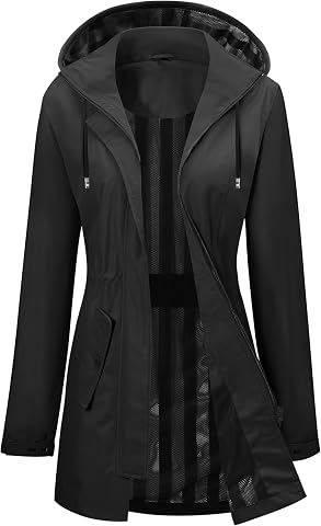 CMTOP Chubasquero Mujer Impermeable Chaqueta Cortavientos Aire Libre Cazadora Ligero Transpirable Abrigo a Prueba de Viento y Agua, Exteriores Gabardina Raincoat Lluvia con Capucha