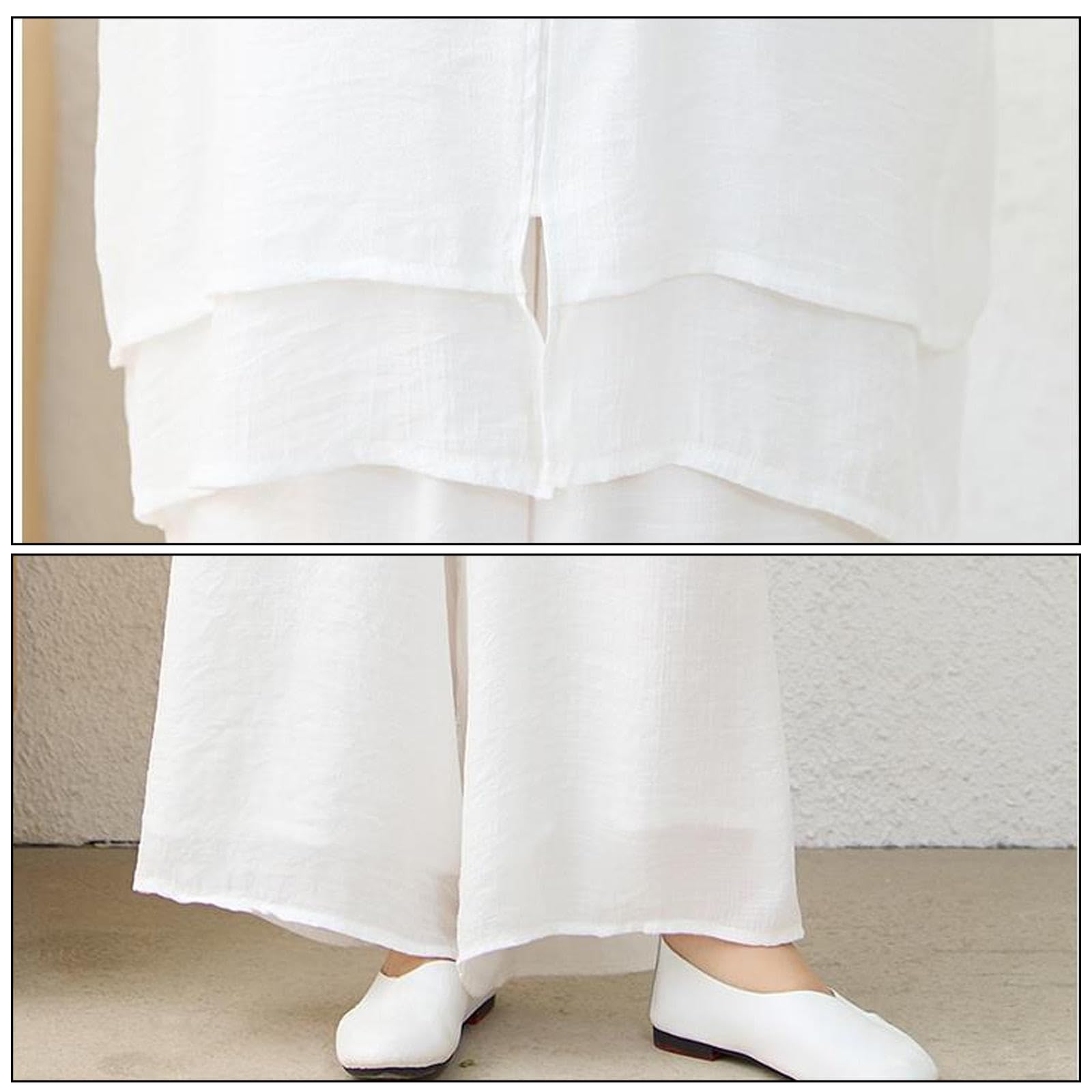 Vêtements de Tai Chi pour Femme en Soie et Lin Uniforme de Kung Fu Style Chinois Méditation Zen Décontracté Manches Trois-Quarts Tenue D'exercices du Matin pour Femme,White-XXL