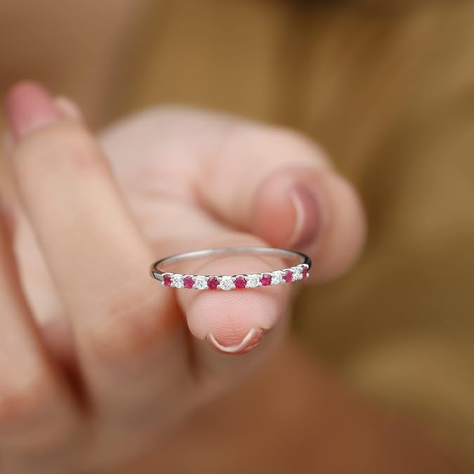 Natural Ruby Diamond Half Eternity Ring, AAA Quality, Certified Ruby Eternity Stackable Ring - Fine Jewelry For Women