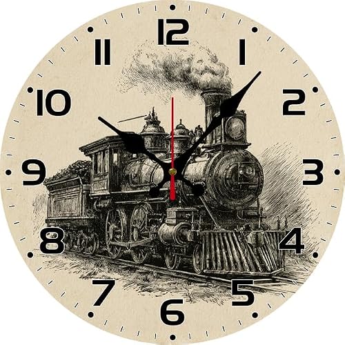 Image of Geroclonup Antique Black White Steam Locomotive Train Round Wooden Wall Clock 10 Inch Silent Non-Ticking Vintage Railroad Wall Hanging Clock Man Cave Office Farmhouse Decor Gift for Train Enthusiasts