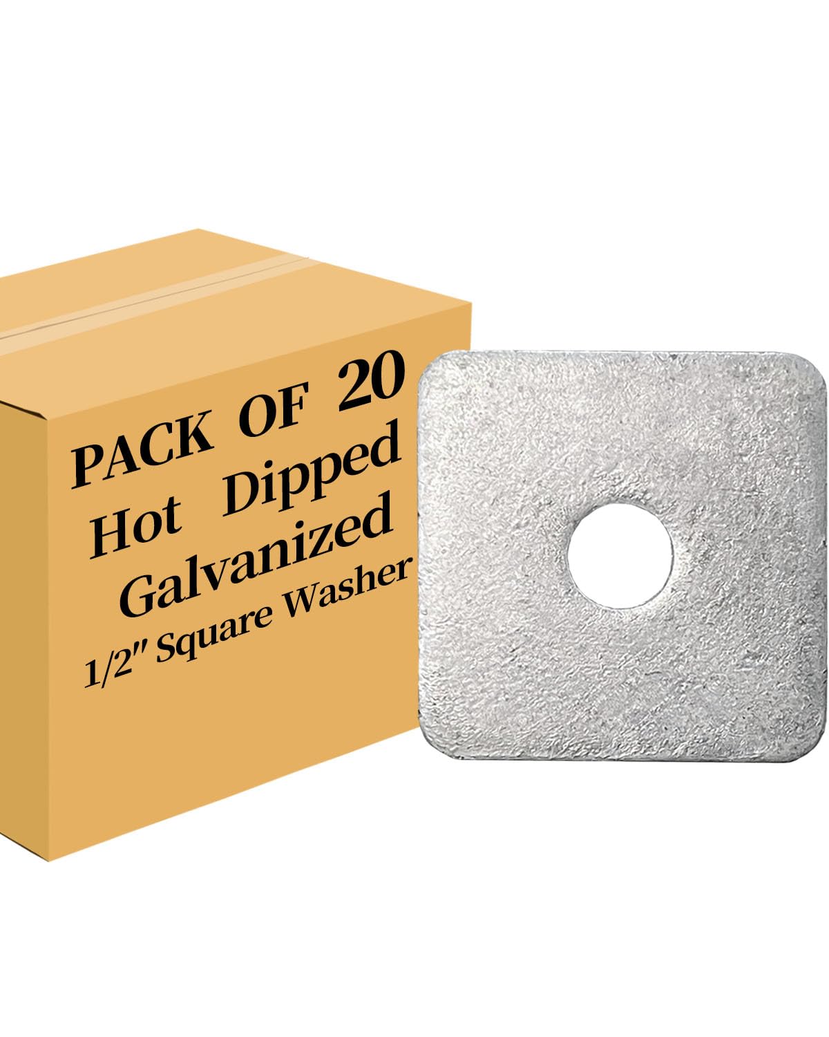 20-Pack 1/2” Hot-Dipped Galvanized Steel Square Washers, Flat Pad Spacer for Square Nut Fasteners, 1/2” ID x 2” Square x 0.18” Thick