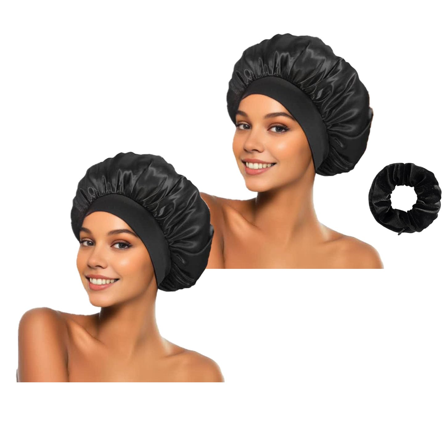 2 Pcs Silk Bonnet for Sleeping ，Satin Hair Bonnets, soft elastic, (black) | Soft Elastic, Reusable and Washable, Women's Headband，