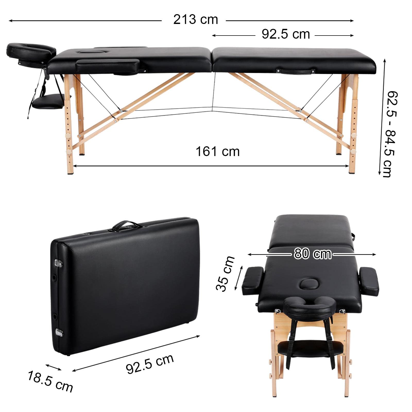 Abician Table de Massage Pliante en Bois et Similicuir Lit de Massage de 2 Sections Réglable en Hauteur avec Housse de Transport Têtière Accoudoirs Hamac 213 × 82 × 64-85,5 cm Noir