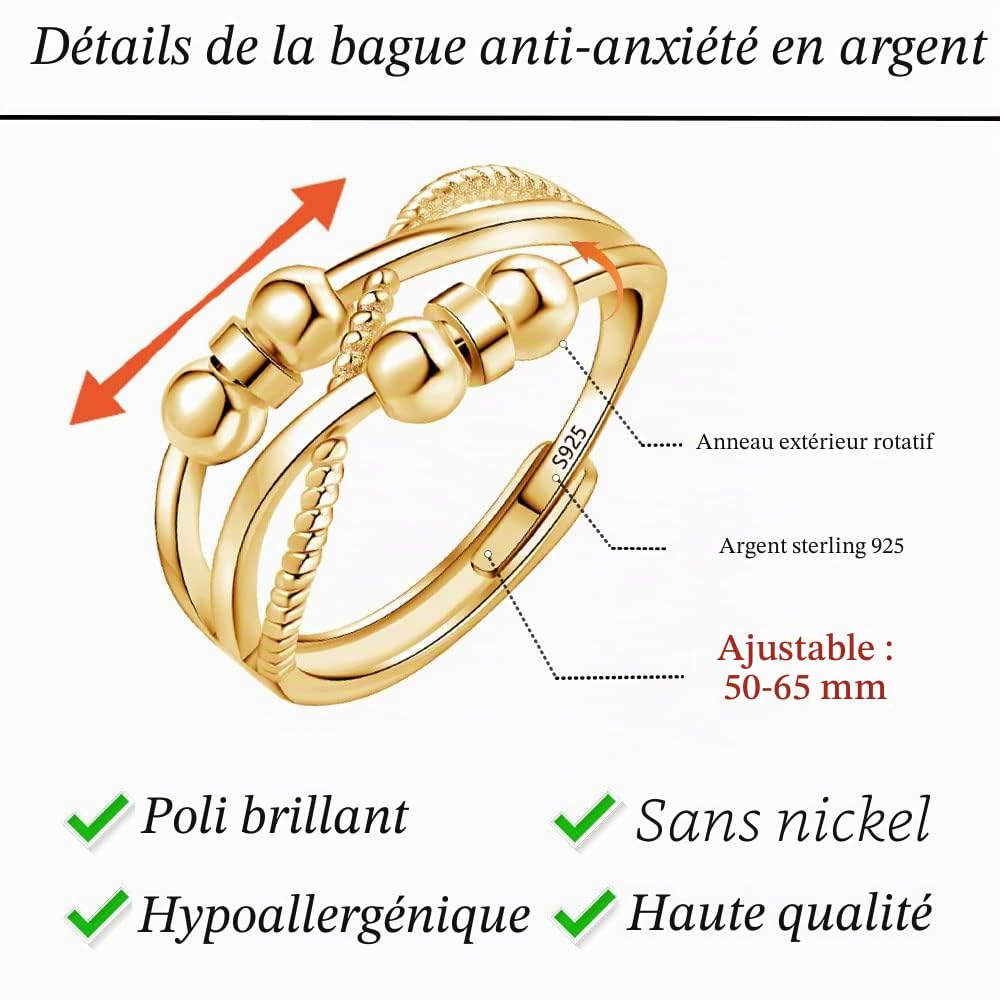 Bague anti-anxiété en argent sterling 925 pour homme et femme, bague réglable en plaqué or blanc/or rose/or plaqué or