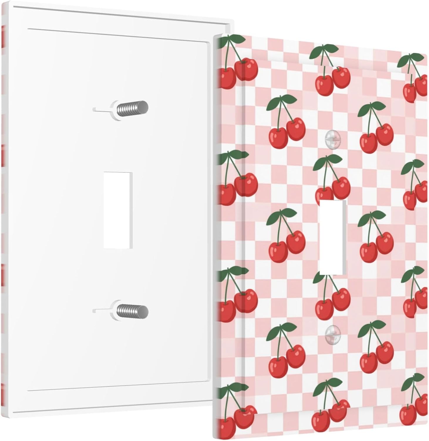 Light Switch Cover Plate Red Cherries Pink White Plaid 1 Gang Single Toggle Decorative Switch Plates Wall Plates Electrical Faceplate for Bathroom Bedroom Decor