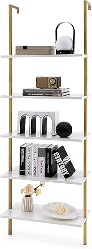 GOFLAME Estante de escalera de 5 niveles, estantería montada en la pared con marco de acero, elegante estantería, estantes de almacenamiento