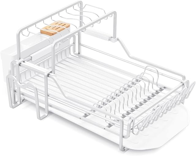 LuluBelle Dish Drainer Rack, 2 Tier Dish Drainer, Dish Rack, Plastic and Aluminium Drainer Tray with Bonus Utensil and Cutting Board Holders Choice of Colours H53 x W37 x D27cm White