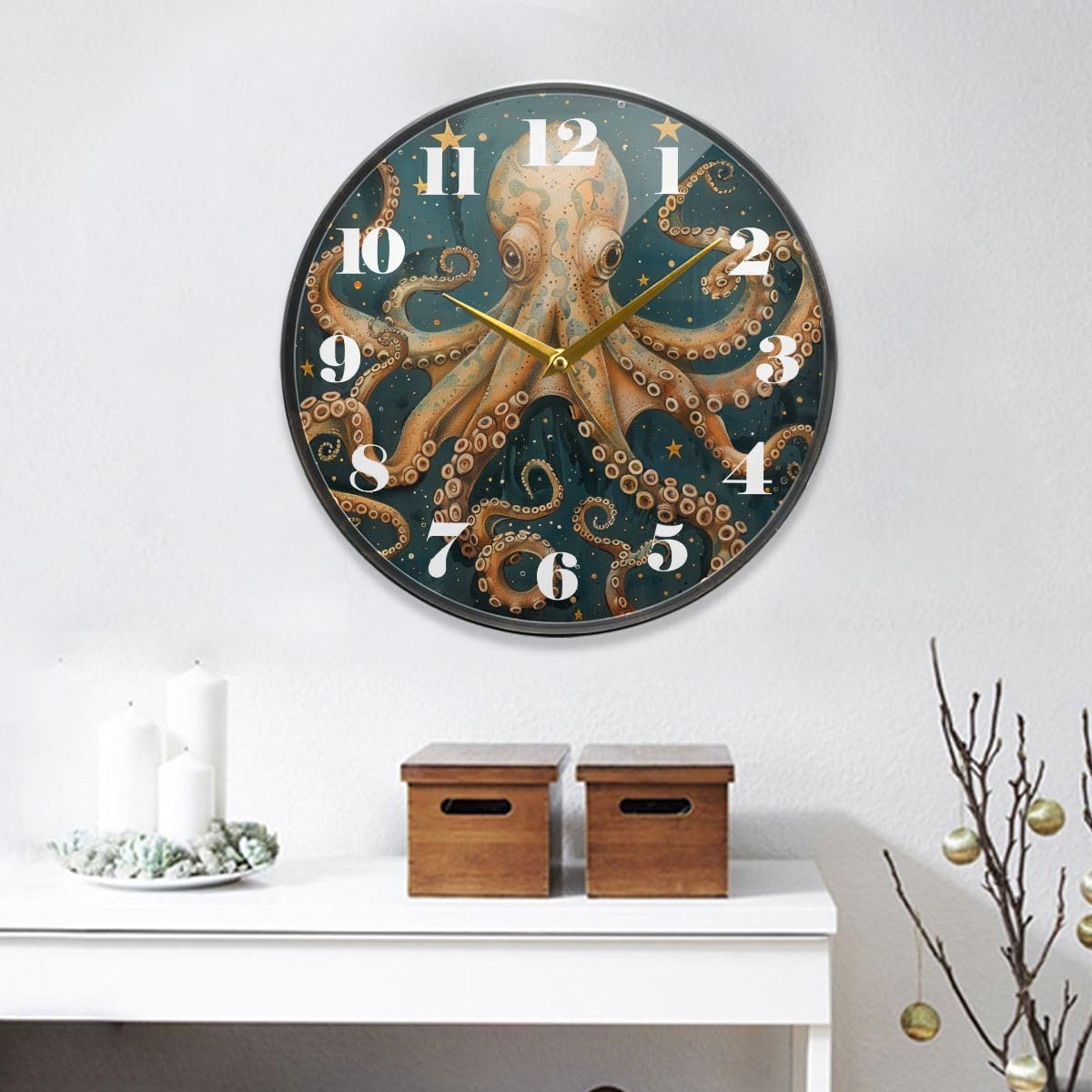 ALAZA Octopus Starry Sky Wall Clock Battery Operated Silent Non Ticking Clocks for Living Room Decor 12 Inch / 9.5 Inch