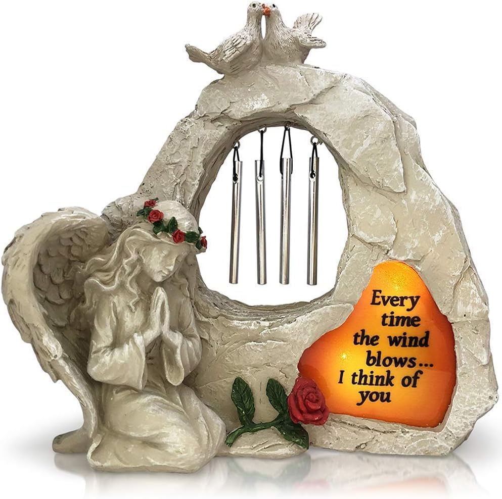 OakiWay Memorial Gifts - Memorial Garden Stone Sympathy Gift, with Wind Chimes & Solar Led Lights Quote, in Memory of Loved One - Bereavement Gifts - Condolence Gifts - Cemetary Grave Decorations