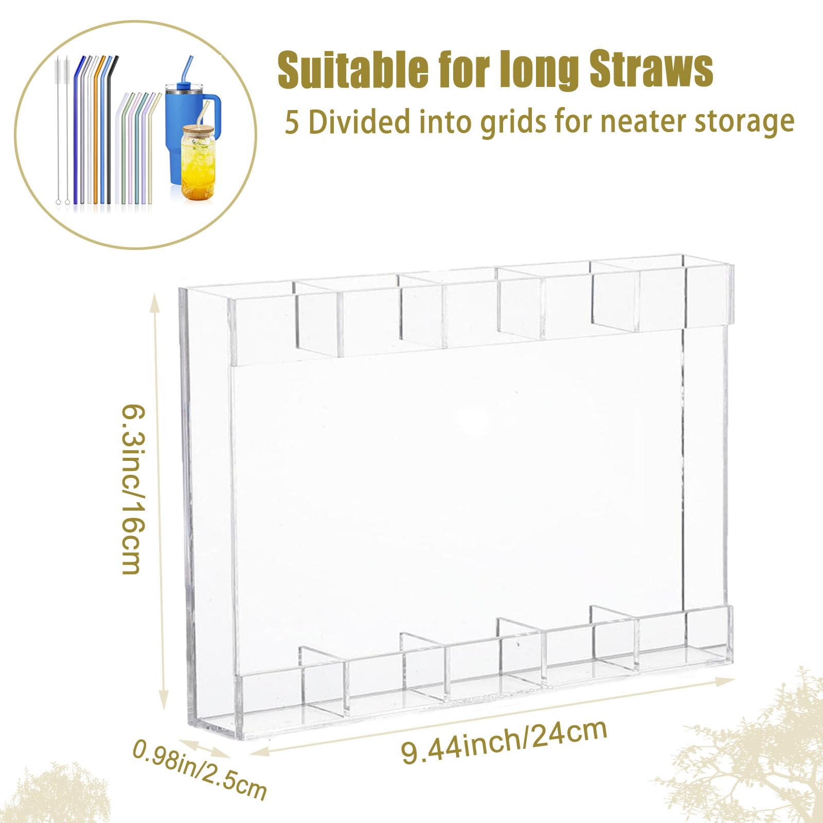 Acrylic Straw Holder for Cabinet, Reusable Straw Organizer with Double Sided Adhesive Tape Tumbler Organizer Accessories for Cupboard Drinking Straw Dispenser for Kitchen Counter (Transparent)