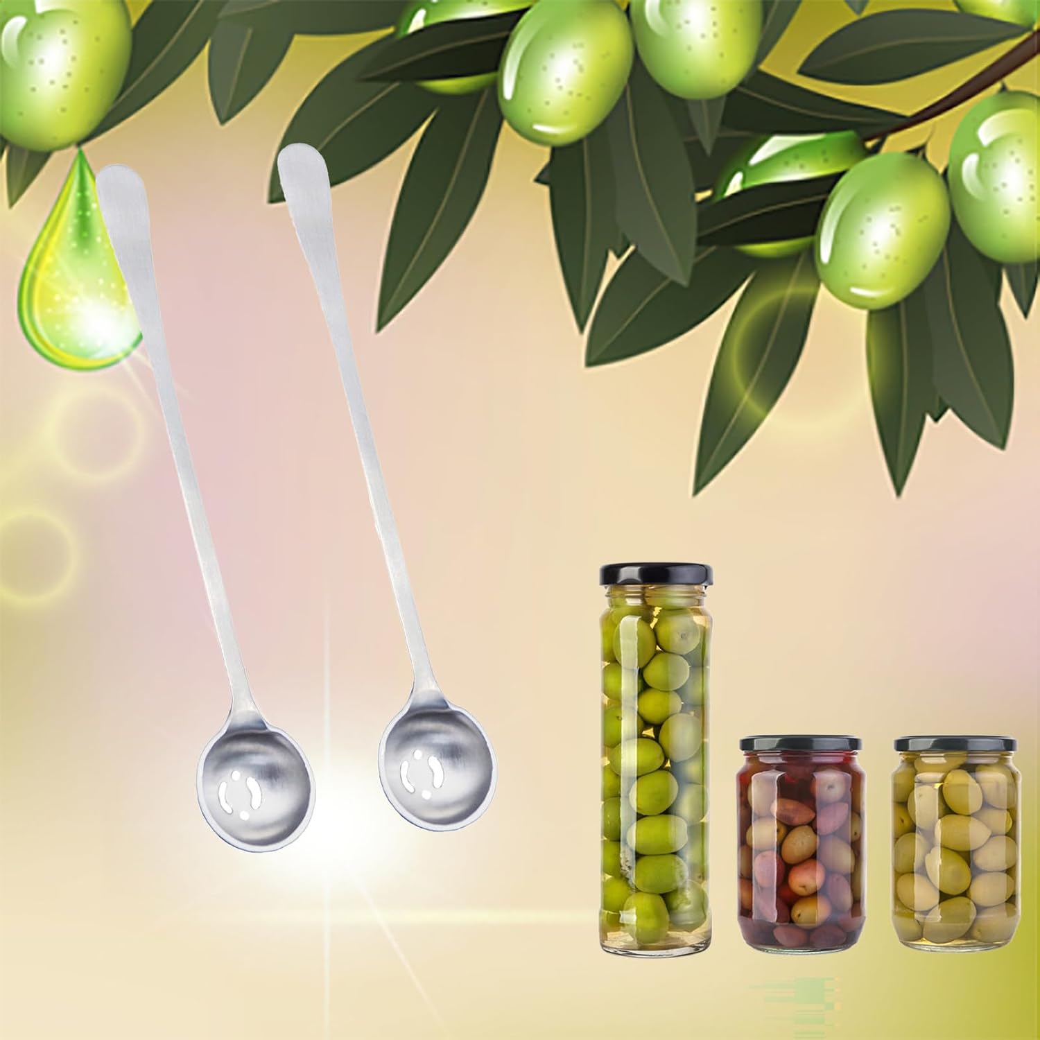2 Pcs Olive Spoons with Holes, Stainless Steel Olive Spoon for The Jar, Long Handle Pickle Spoons with Drain Hole