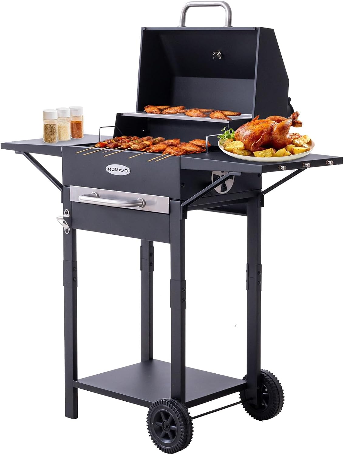Barbecue a carbone con coperchio, Grill 2 in 1 da terra e tavolo, Compatto per balcone e giardino, Termometro integrato, Griglia mantenimento caldo, Facile da spostare