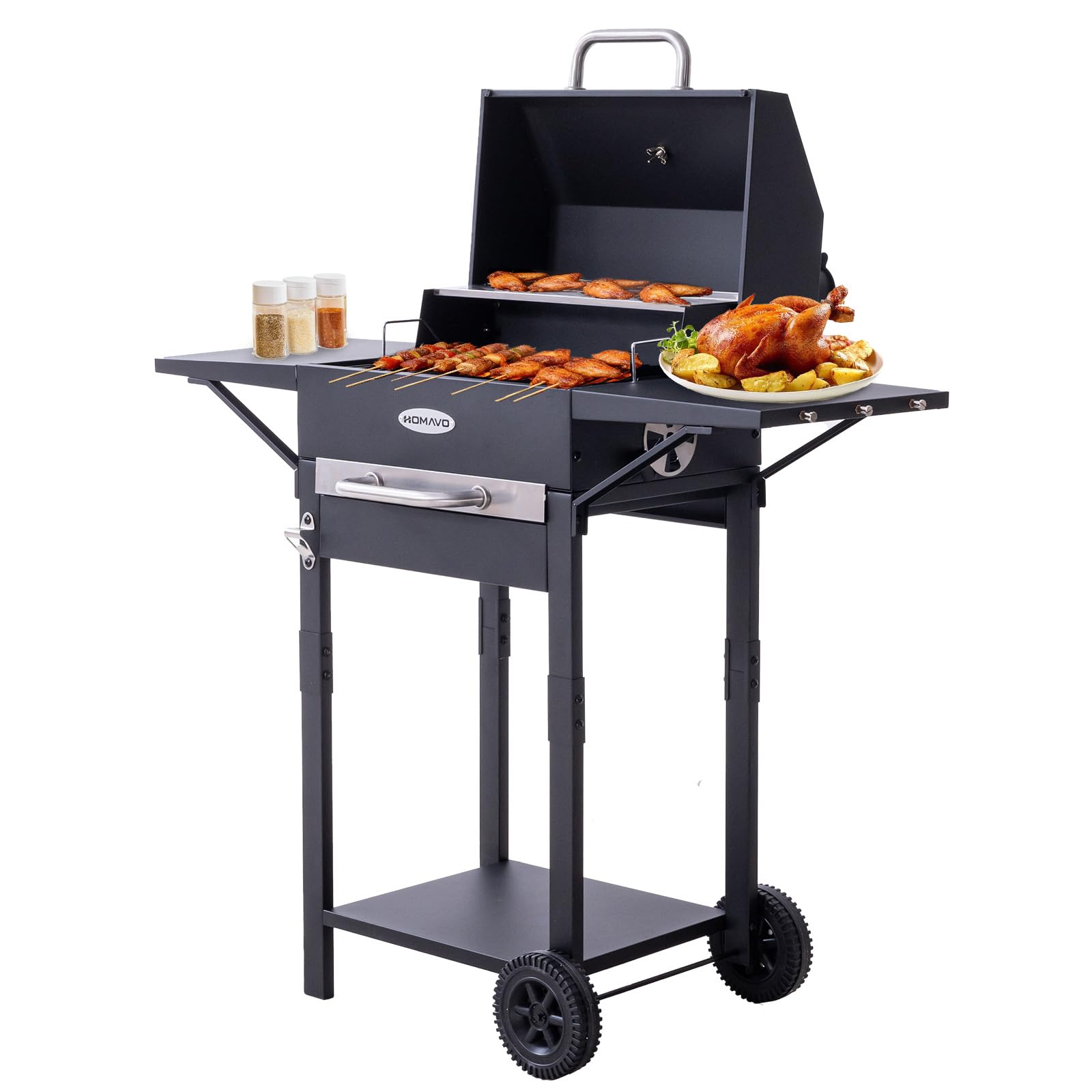 Barbecue charbon avec couvercle, Grill 2 en 1 sur pied et table, Compact pour balcon et jardin, Thermomètre intégré, Grille maintien au chaud, Facile à déplacer
