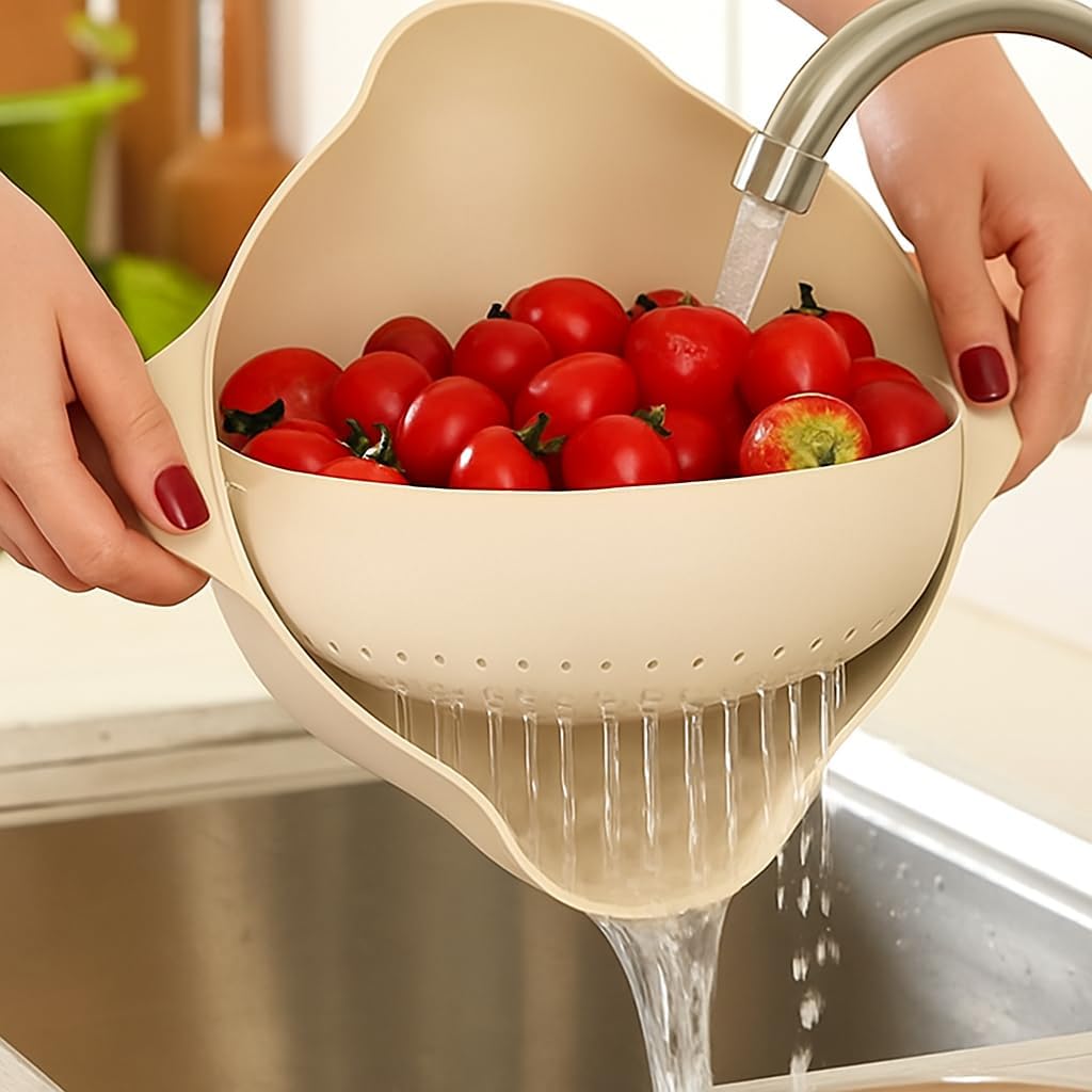 Rinse & Drain Bowl Strainer & Colander Combo – Double-Layer 360° Rotating Basket, BPA-Free Plastic with Handles & Pour Spouts – Wash Fruits, Vegetables, Pasta, Herbs, Beans & Salad Greens