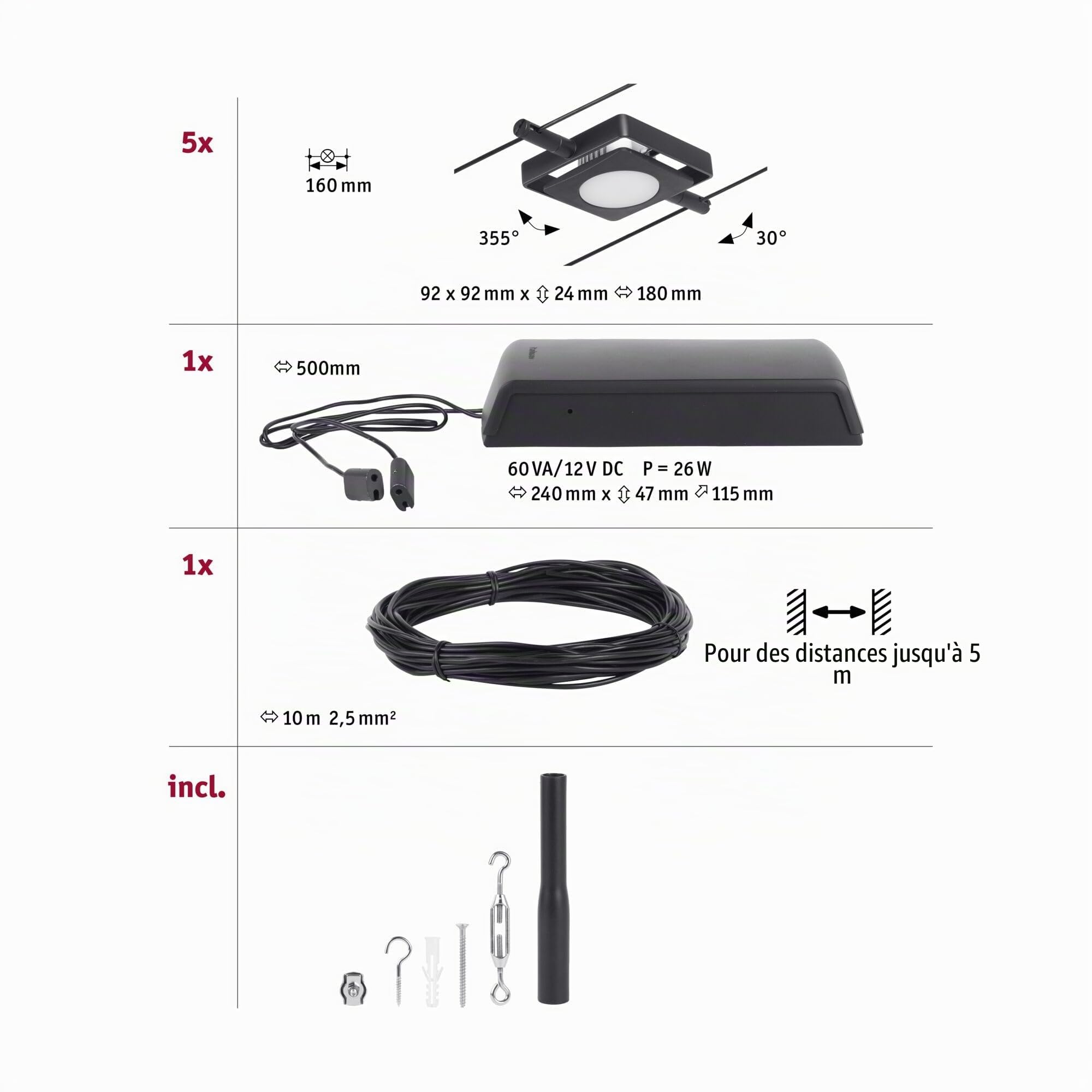 Paulmann 94424 Corduo Système de câbles LED Kit MacLED DC avec 5 x 4,5 watts extensibles Noir mat, chrome Câble métallique 3000 K