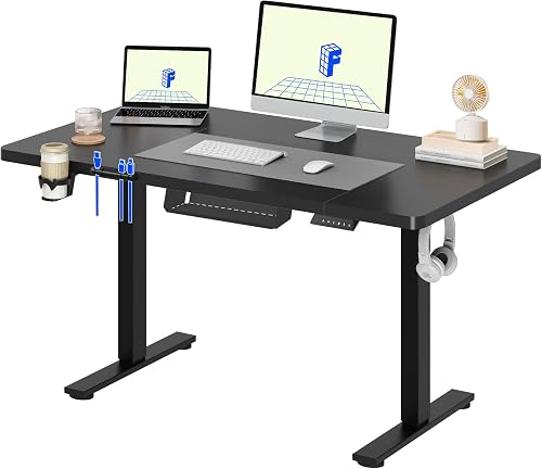 FLEXISPOT QE Pro Escritorio Elevable Eléctrico 140x60cm, Mesa Elevable con 2 Ganchos, Portavasos y Organizador de Cables, 4 Función de Memoria, Standing Desk para Oficina & Hogar y Teletrabajo, Negro