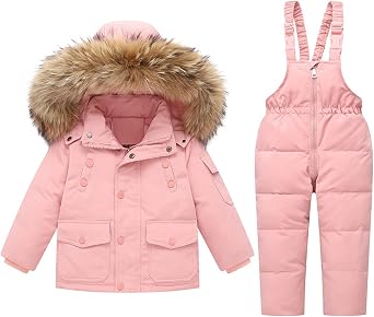 2 Pcs Girls Boys Winter Warm Fur Trim Zipper Puffer Down Jacket Snowsuit and Snow Ski Bib Pants Outfits Set