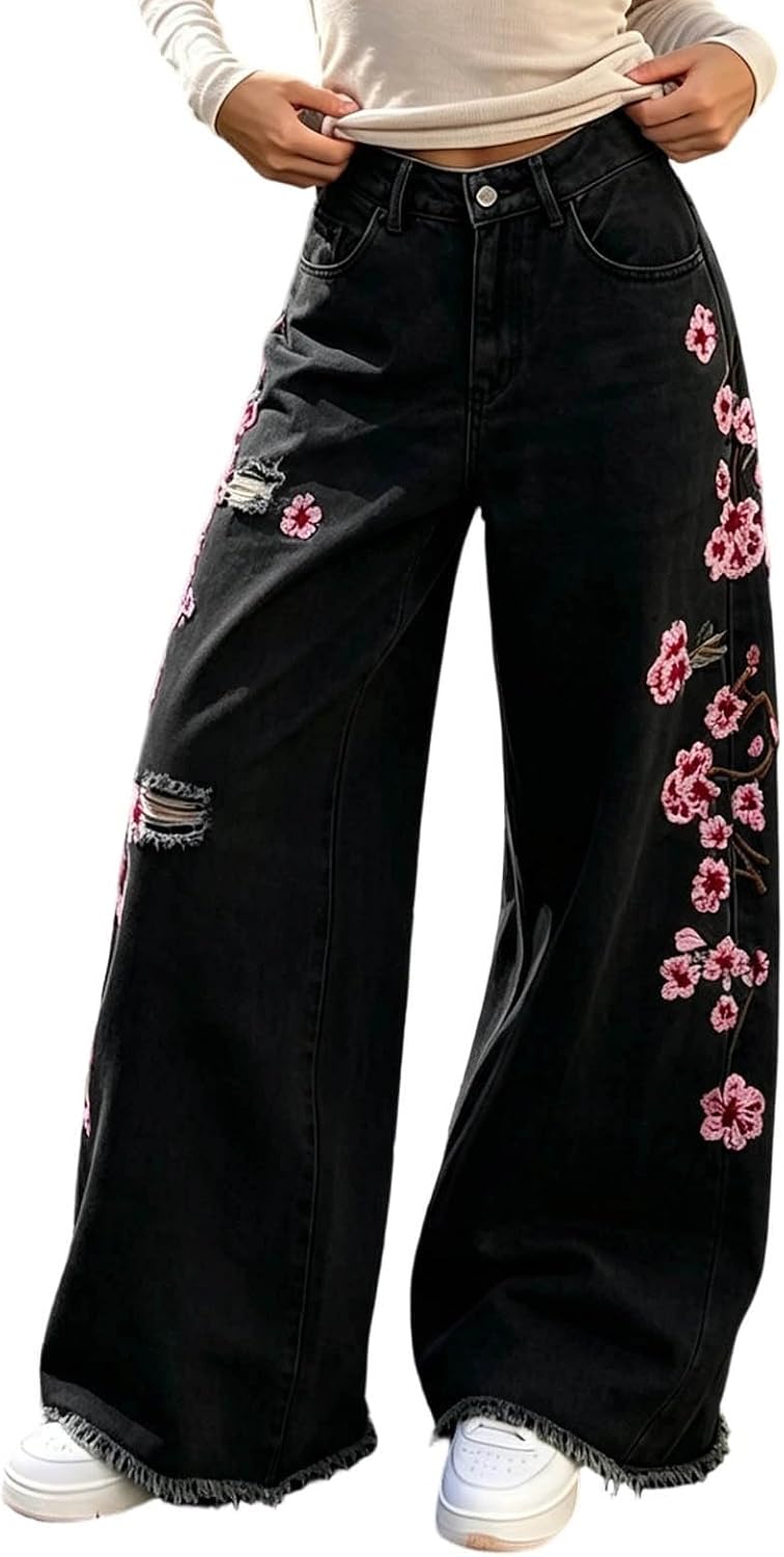Women's Floral Embroidered Wide Leg Jeans, High Waisted Ripped Denim Pants