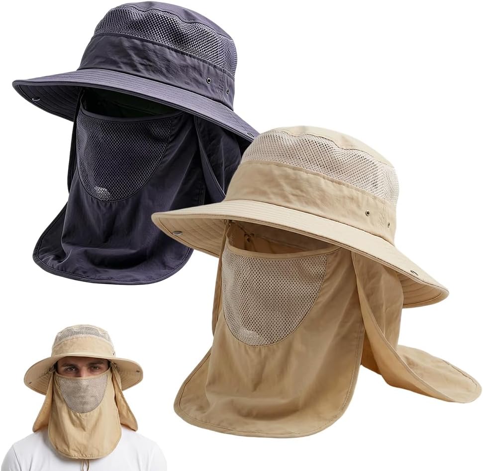 Sun Bucket Hat for Men and Women, Detachable Face Cover Sun Hats,Wide Brim Fish Hat with Neck Flap UV Protection for Hiking