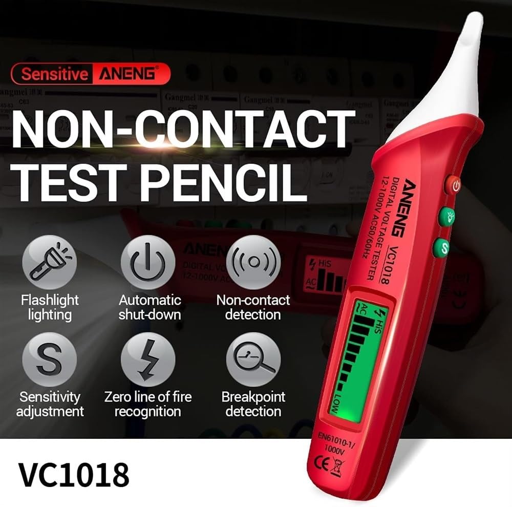 Testeur de tension numérique LCD sans contact 12 V-1000 V Testeur de stylo multifonctionnel Détecteur de tension AC/DC Crayon de test de batterie de continuité électrique avec alarme sonore et lumineu