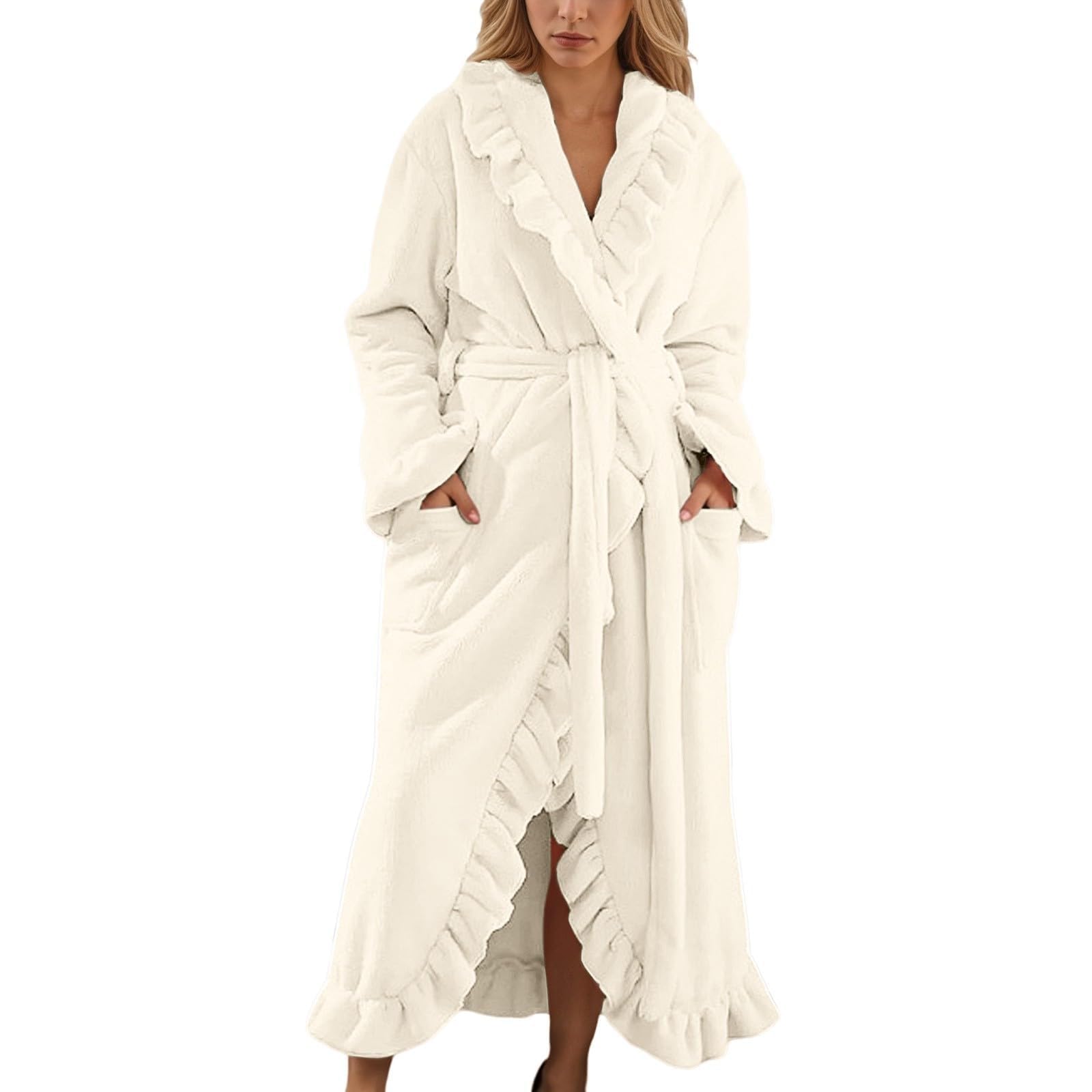 Fuzzy Robe Bathrobe Dressing Gowns Women Long Fluffy Coral Fleece Pajamas Soft Ruffle Fleece Bathrobe Cozy Warm Plush Thick Winter Robe with Pocket (White,S)