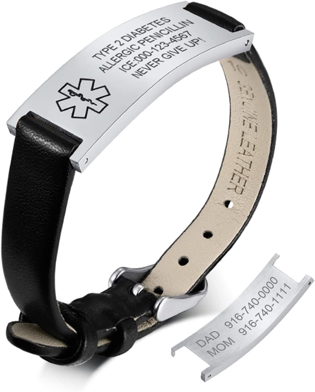 MPRAINBOW Custom Medical Alert Bracelet for Women,Genuine Leather Watch Band Double Side Engraving Diabetes Epilepsy Emergency ID Jewelry