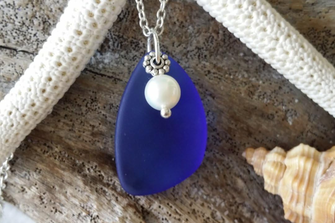 Handmade in Hawaii, Minimalist Design, Cobalt/Sapphire blue sea glass necklace,"September Birthstone", freshwater pearl, (Hawaii Gift Wrapped, Customizable Gift Message)
