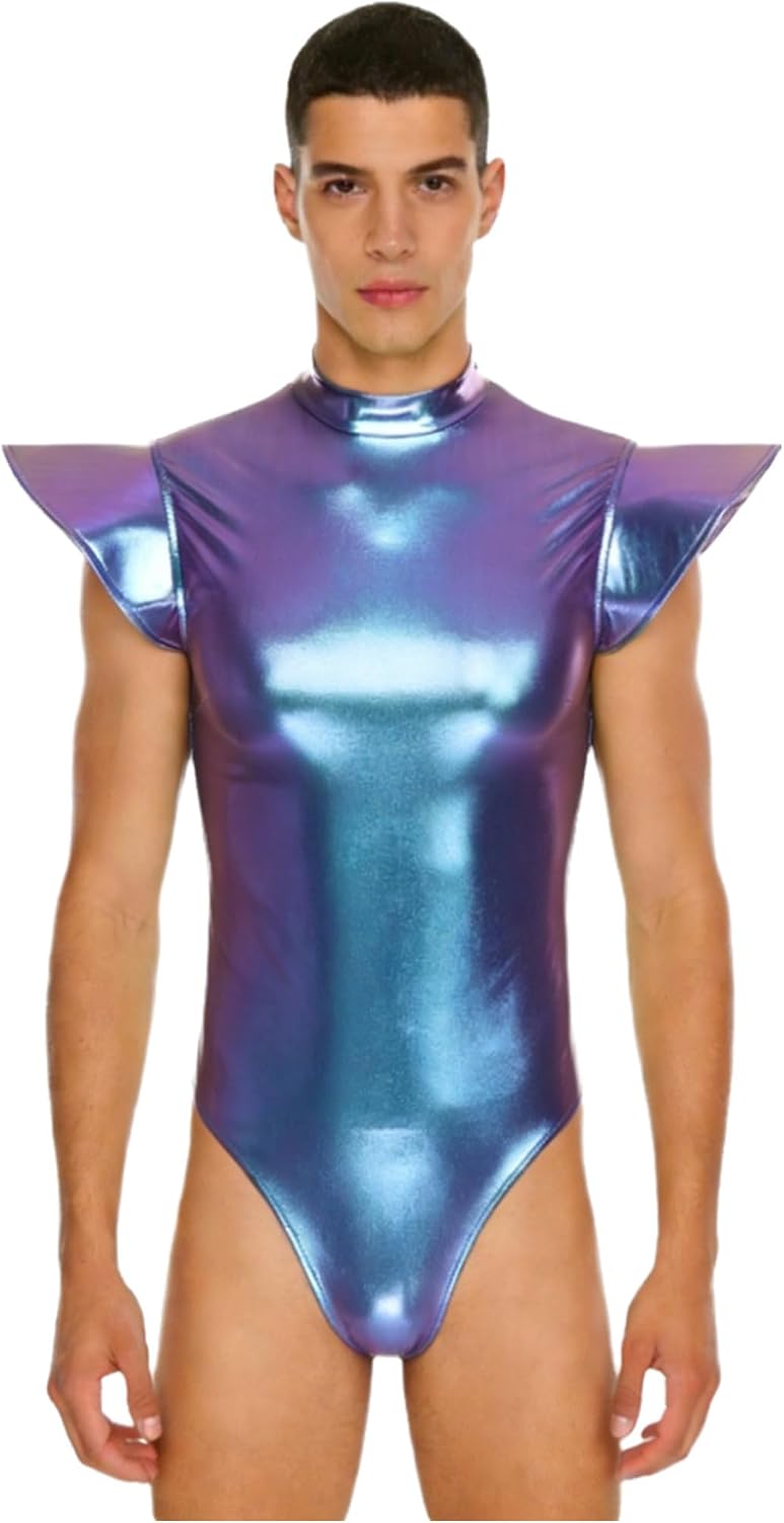 YiZYiF Mens Shiny Metallic Leotard Bodysuit Fly Sleeve Mock Neck Jumpsuit for Club Space Cosplay