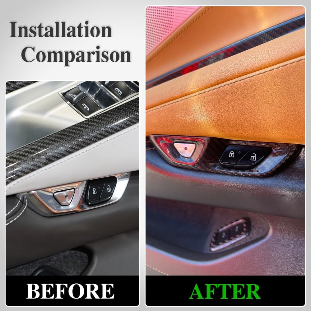 2pcs Inner Door Handle Cover for Corvette C8 Z06 Z51 ZR1 Coupe Convertible Stingray 2020 2021 2022 2023 2024, Genuine Carbon Fiber Door Lock Switch Button