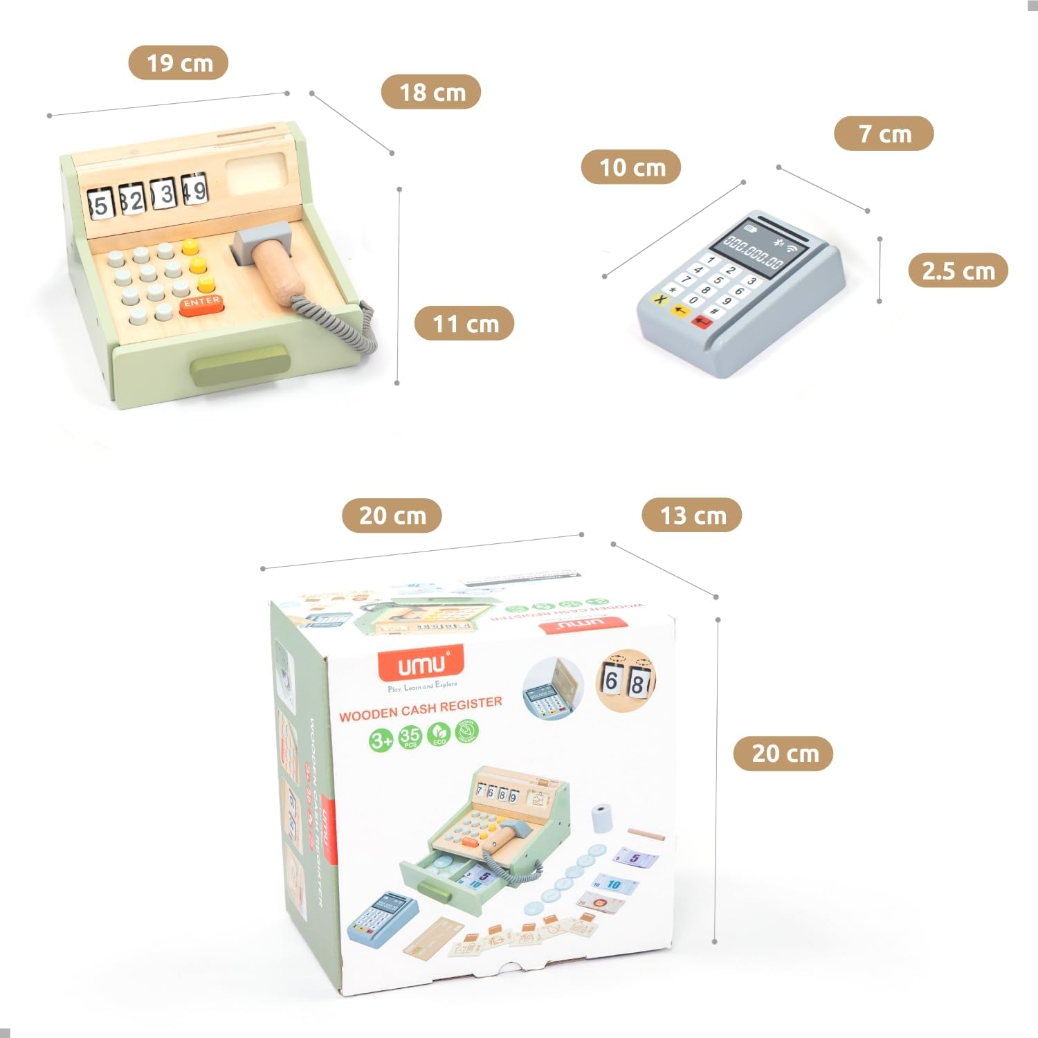 UMU® Cassa per bambini in legno - scanner, terminale di pagamento, denaro, negozi di masticazione e accessori per gioco di ruolo, da 3 a 6 anni