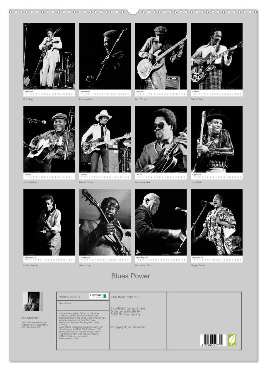 Blues Power (Wandkalender 2026 DIN A2 hoch), CALVENDO Monatskalender: Klassische S/W Aufnahmen bekannter Musiker der Blues Geschichte (CALVENDO Kunst)
