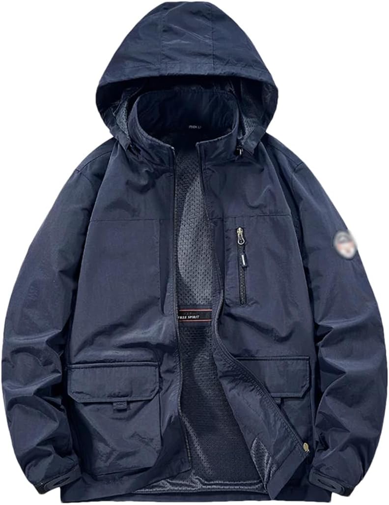 REHJJDFD Men Outdoor Sport Casual Windbreaker Jackets Detachable Hat Multiple Pockets Outerwear