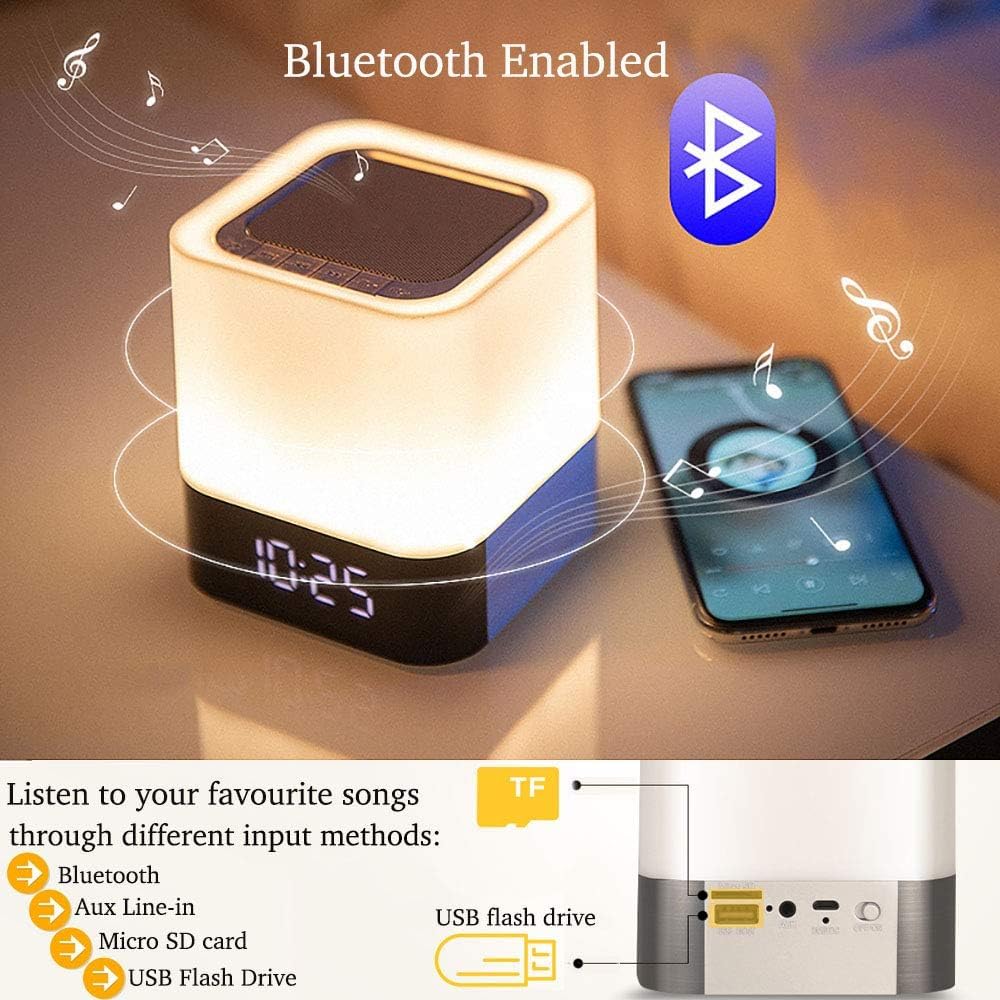 Altoparlante Bluetooth con luce notturna, sveglia con altoparlanti wireless, lampada da comodino con controllo touch, lettore musicale MP3, lampada da tavolo con sensore tattile dimmerabile,