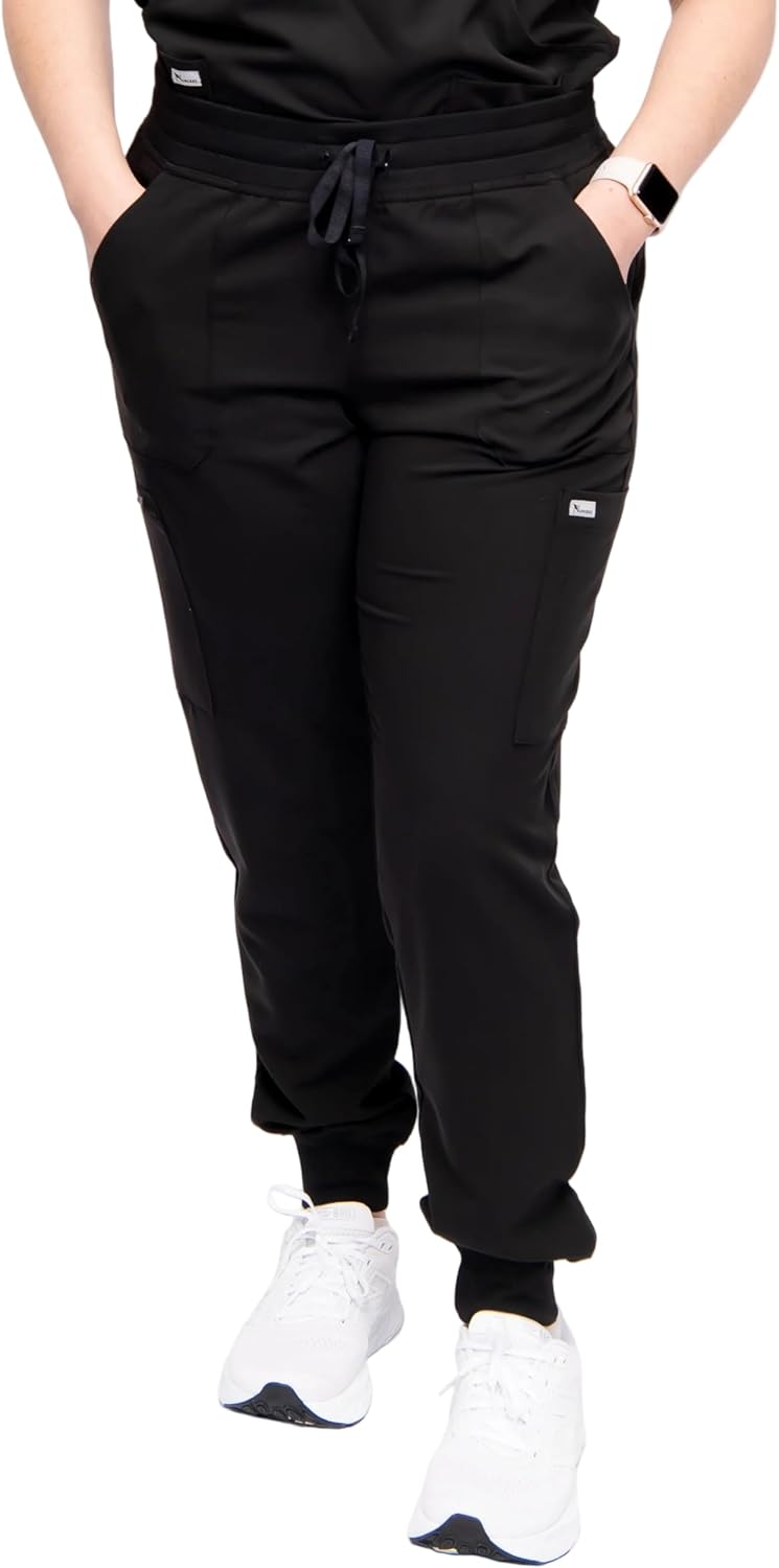 Rare-Bijoue Five-Pockets Women's High Waisted Jogger Scrub Pants, Four-Way-Stretch. Scrubs Bottom for Women