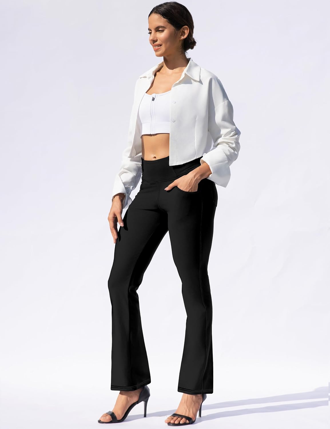VOOVEEYA Women's Fleece Lined Leggings Flare Pants with Pockets Thermal Warm High Waisted Winter Bootcut Yoga Dress Pants