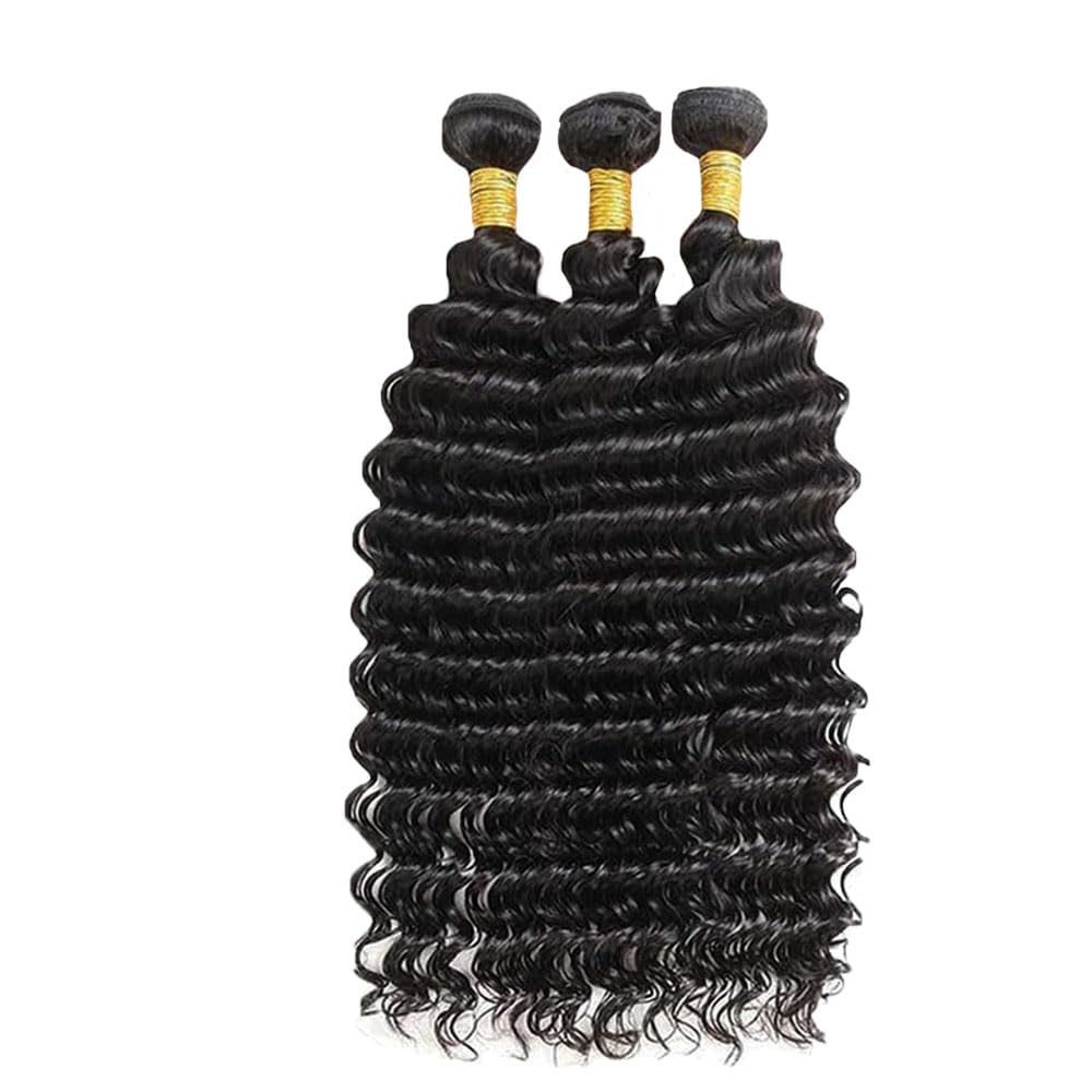 Deep Wave Human Hair Bundles 28 30 32 Inch Natural Black Bundle Human Hair Extension 3 Bundles 50 Gram Per Bundle 150g Total Unprocessed Virgin Hair Color #1B