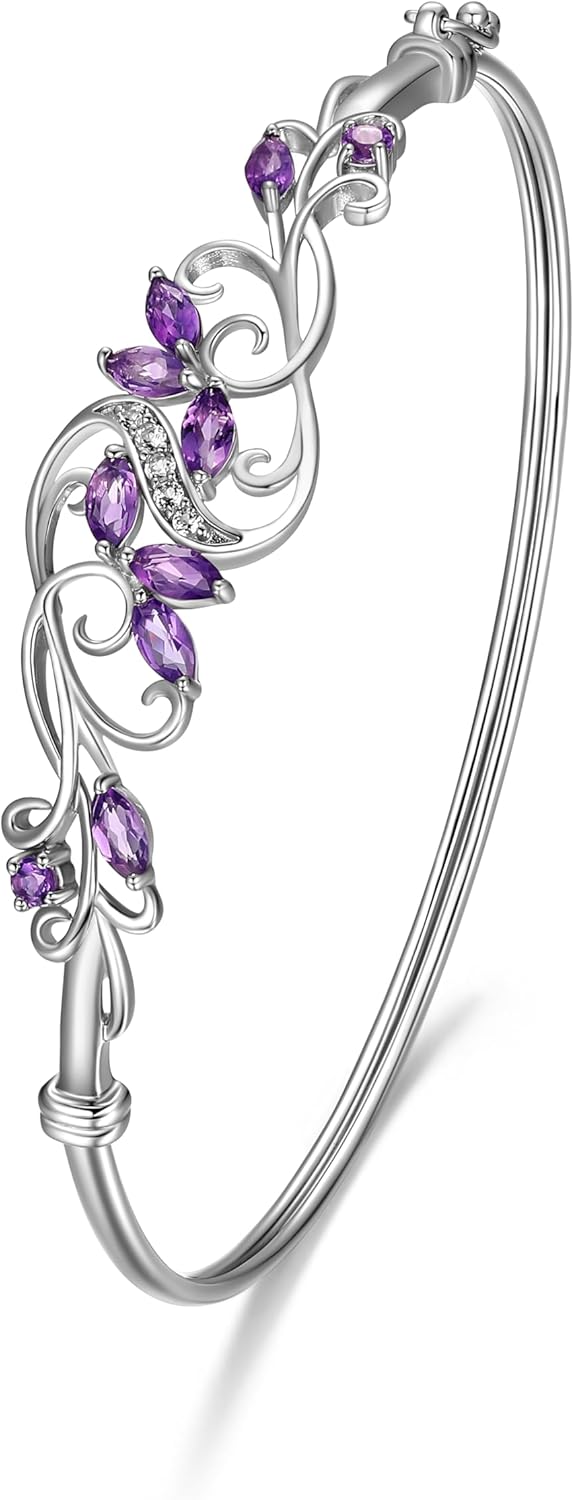 MORGAN & PAIGE .925 Sterling Silver Rhodium Plated Gemstone Elegant Bangle Bracelets for Women - Filigree Two-Tone Created Blue Sapphire & Cubic Zirconia or Genuine Amethyst & White Topaz, 7.25 inch