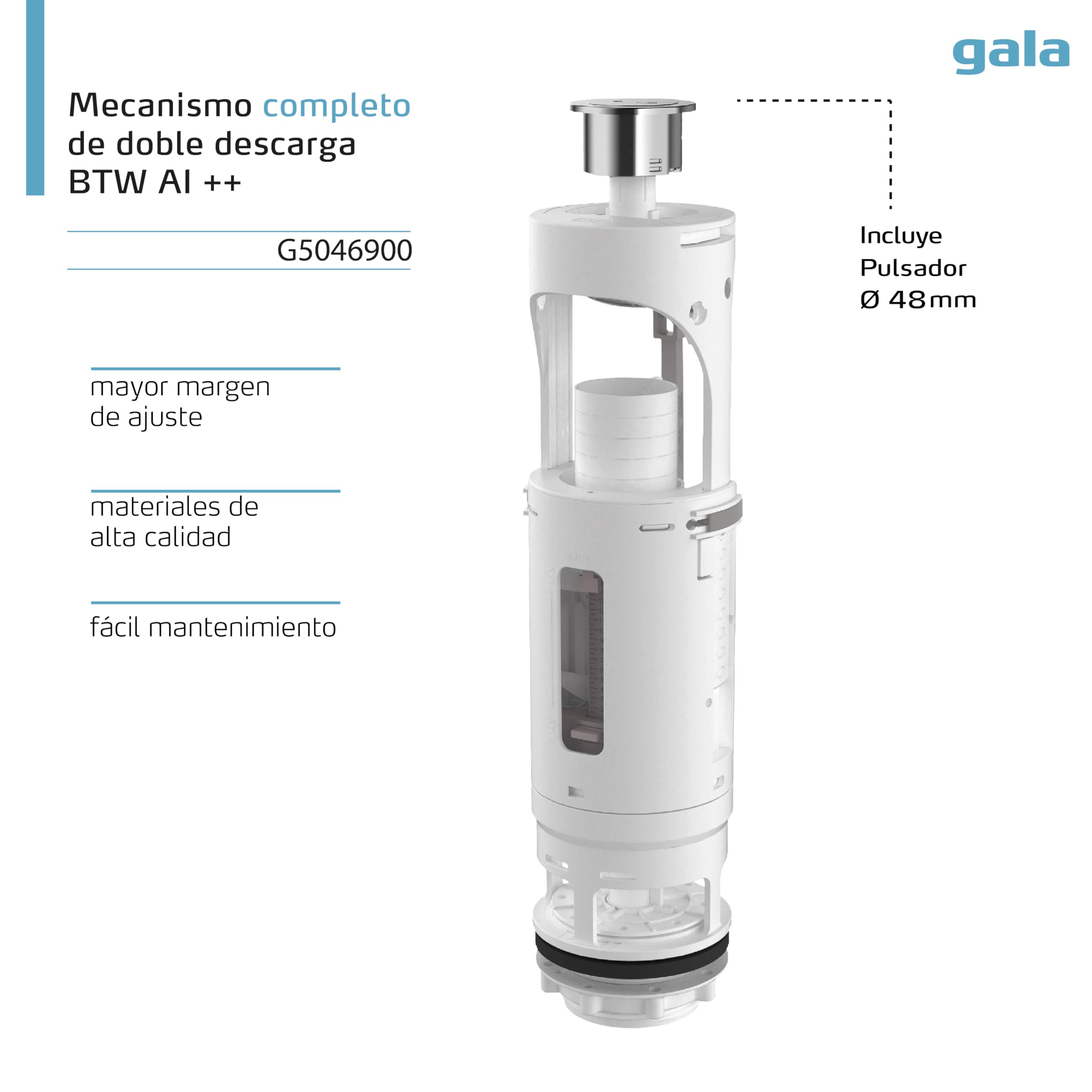 Gala Mecanismo G5046900– Mecanismo completo de doble descarga Alimentación inferior++ BTW. Compatible con inodoros Gala BTW y de otras marcas. Fácil instalación