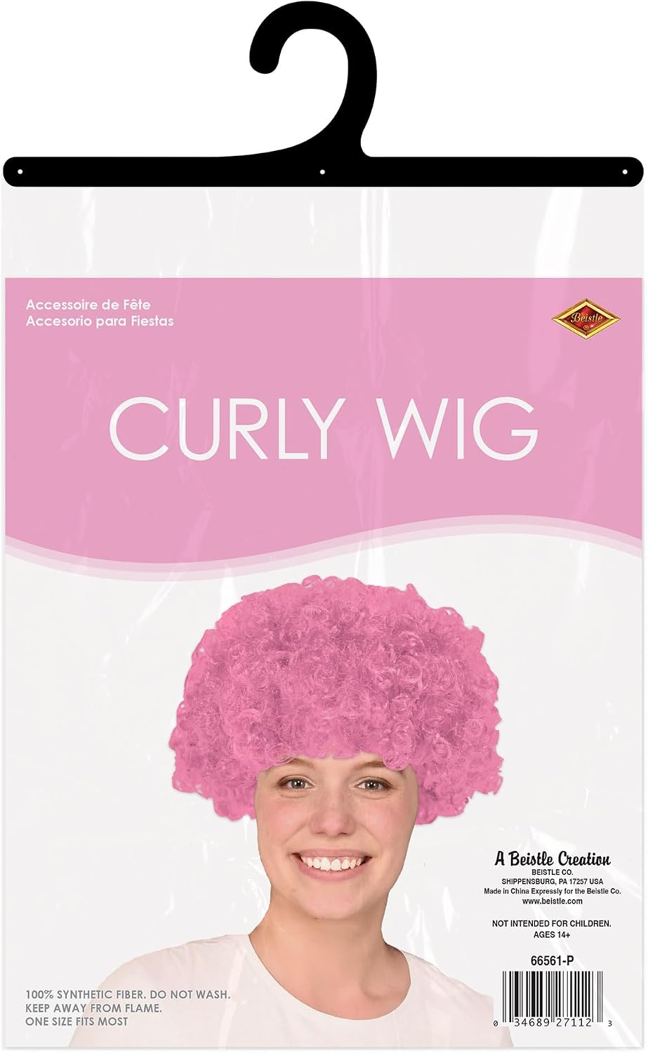 Beistle Pink Curly Wig – Short Synthetic Costume Wig, Bold Novelty Spirit Hair Accessory for Cosplay, Halloween Costumes, Themed Party Wear, Stage Performances, Photo Booth Props & Event Styling
