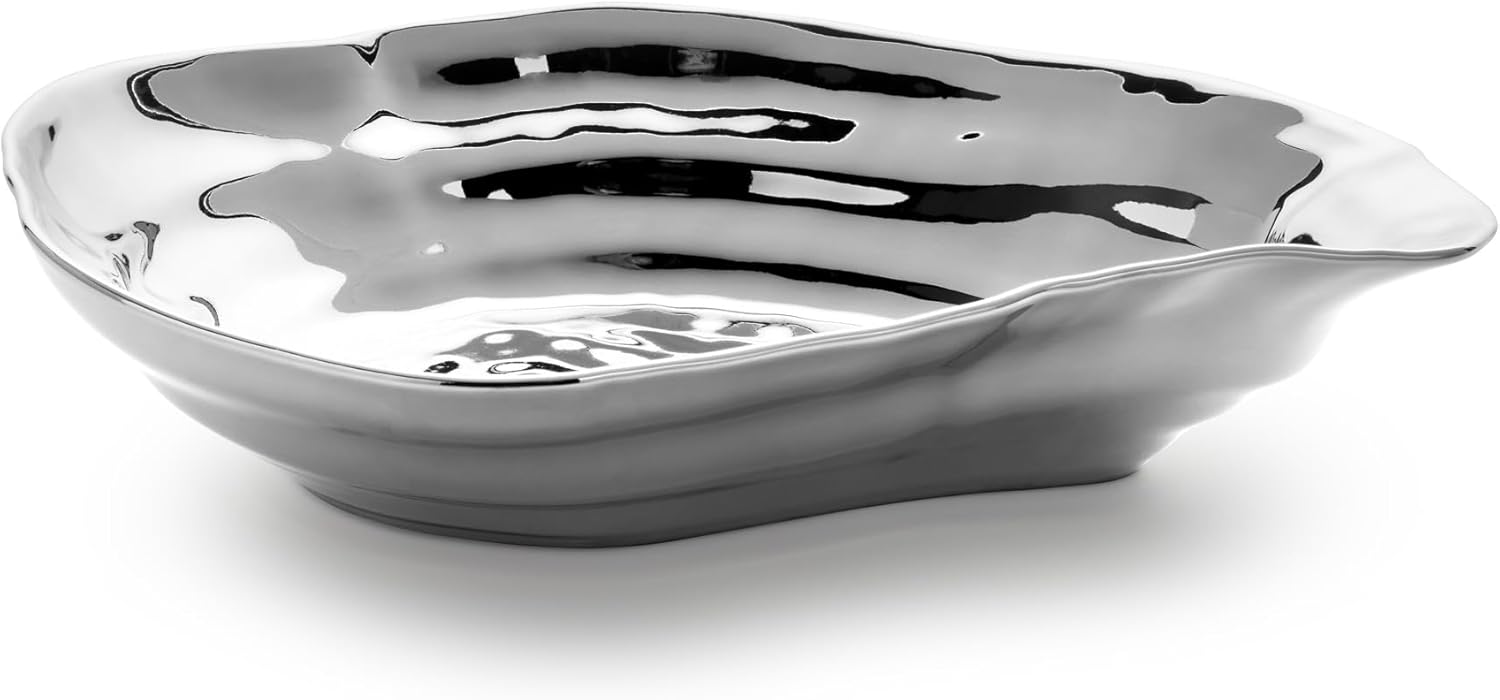 Silver Plated Porcelain Oyster Serving Bowl – 48 oz Capacity, Tarnish-Resistant Elegance for Dining & Entertaining- Great for serving salads, seafood dishes, side dishes, or pasta