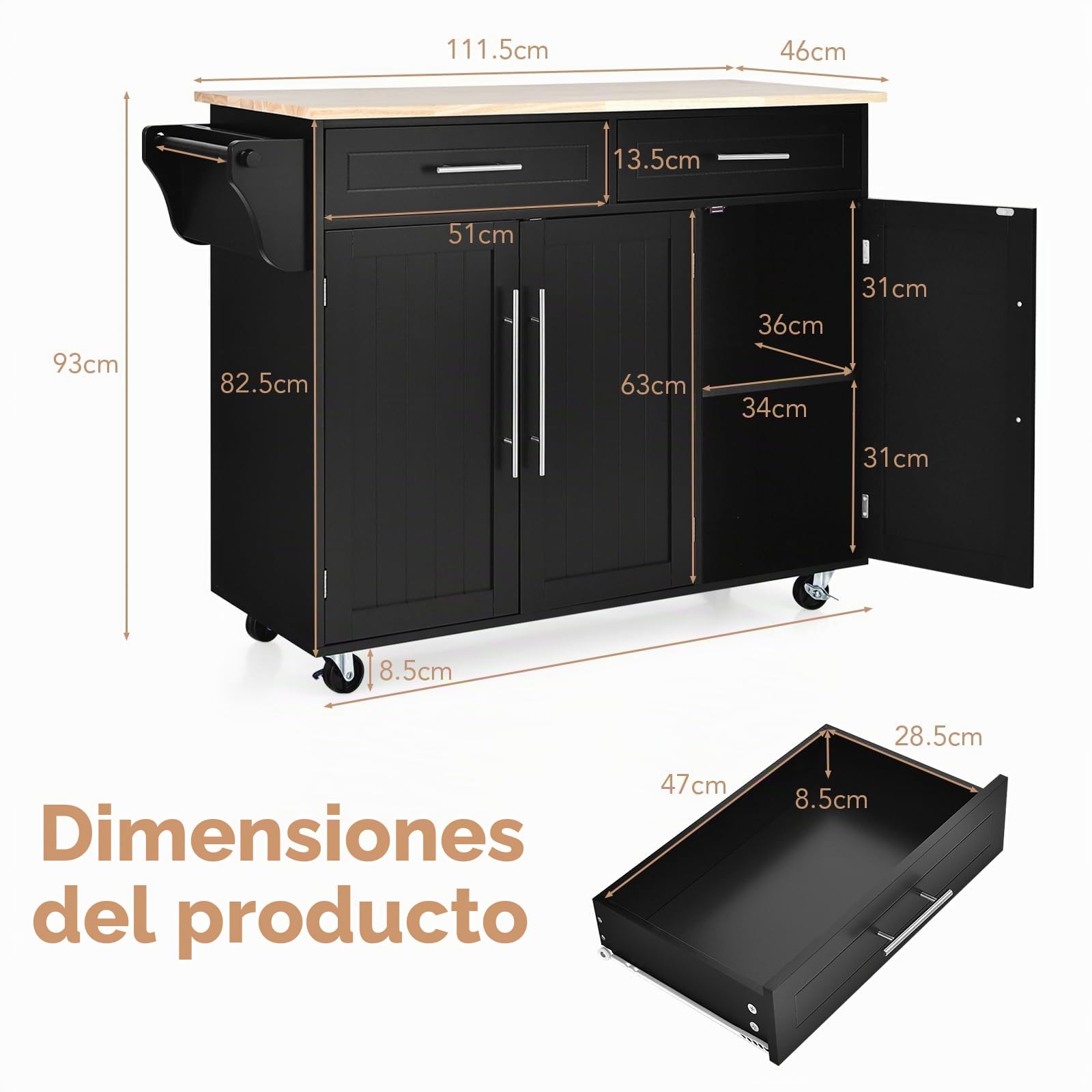 KOMFOTTEU Carrito de Cocina con Ruedas, Carro de Servicio con Encimera de Madera de Caucho, Isla de Cocina con Cajones, Toallero y Estantes Ajustables, Carrito Auxiliar, 122 x 46 x 92 cm (Negro)