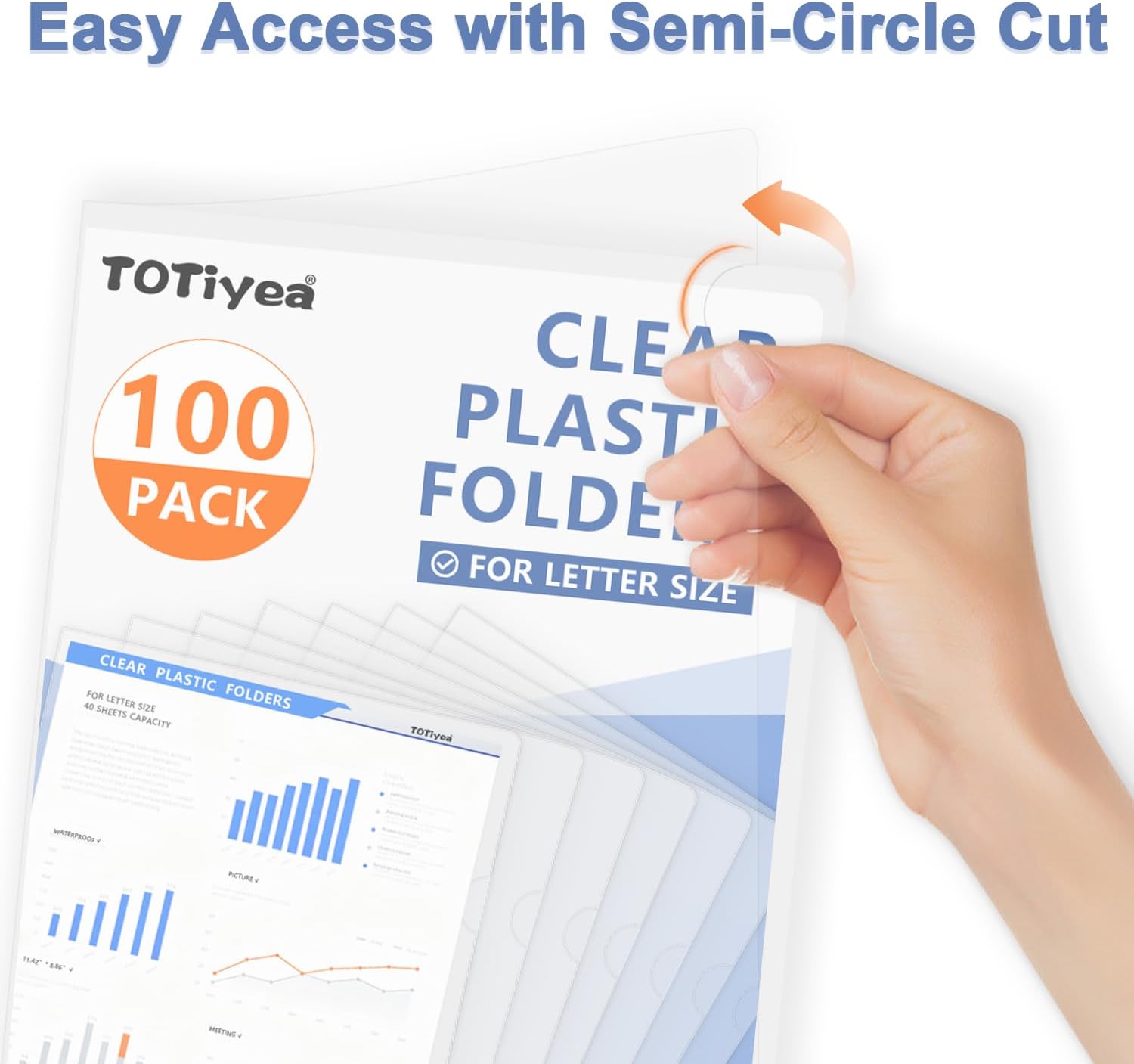 TOTiyea 100 Pack Clear Folder, Plastic L-Type Folders, Clear Copy Safe Project Pocket, Fits Letter Size 8.5x11 Paper, Transparent