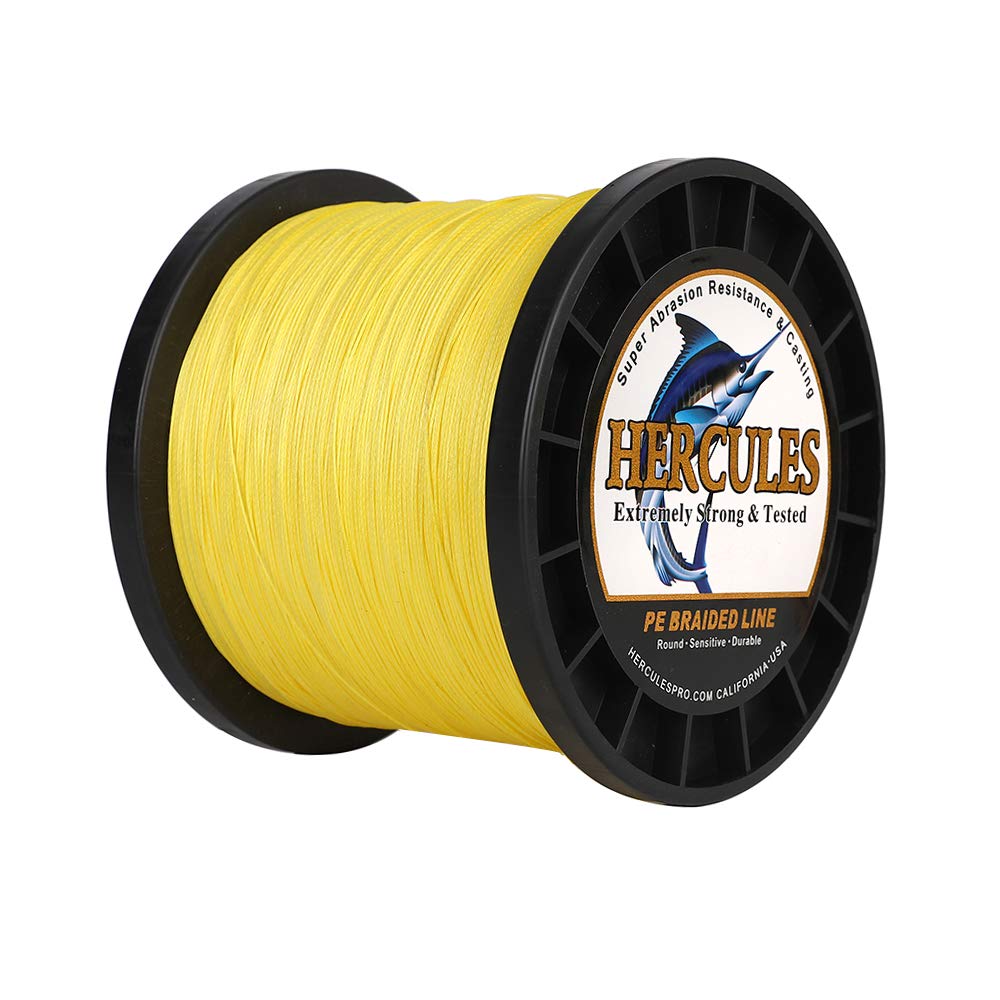 Hercules Braided Fishing Line 1500m 1640yds 6lbs-100lbs Pe Superline 4 Strands (Yellow 100lb/45.4kg 0.55mm)
