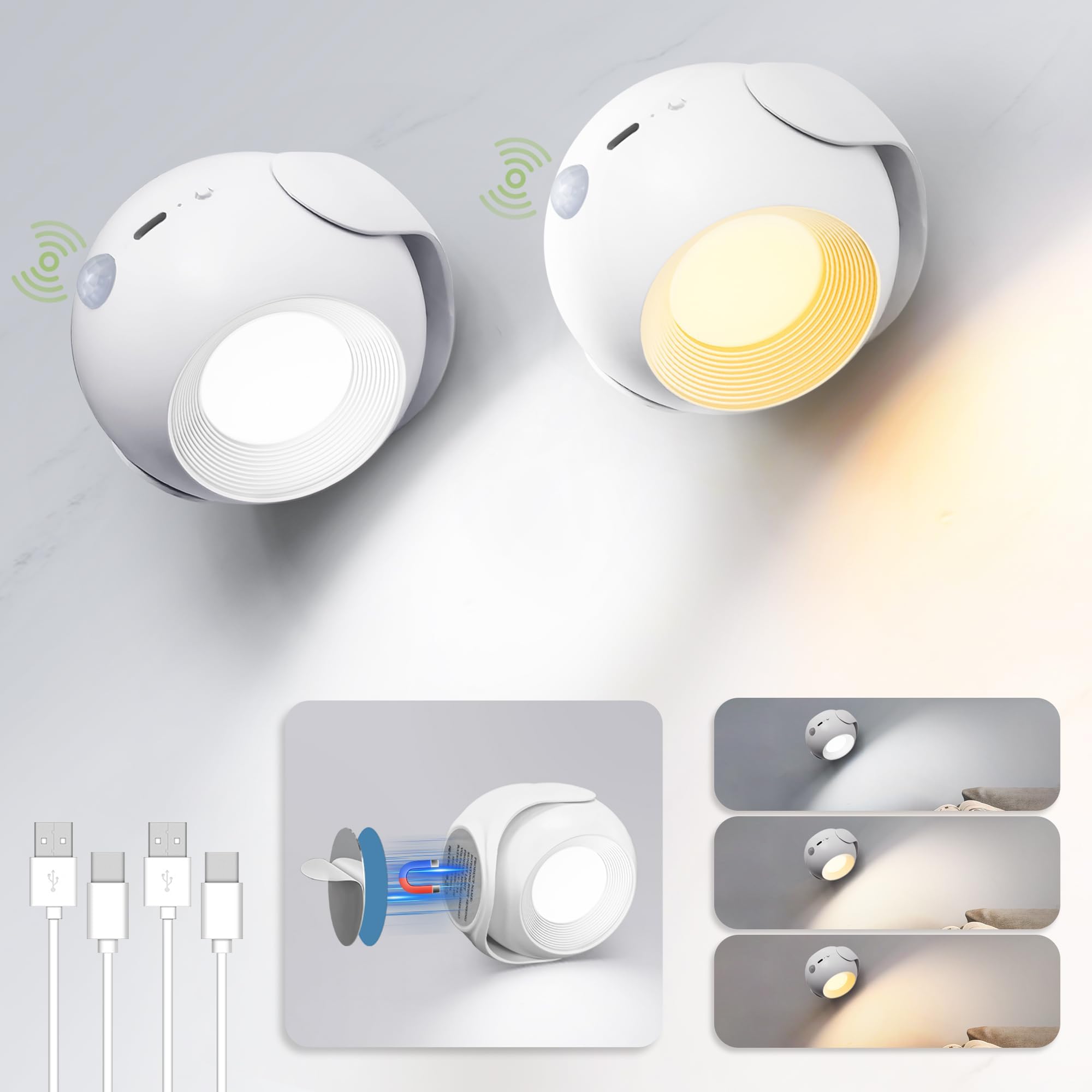 NALACAL Wall Lights for Bedroom Set of 2, Motion Sensor LED Wall Sconces Rechargeable Battery Operated, Rotatable Wall Mounted Lighting Dimmable & 3 Colors Lamp for Reading,Picture,Bedside,Room Decor
