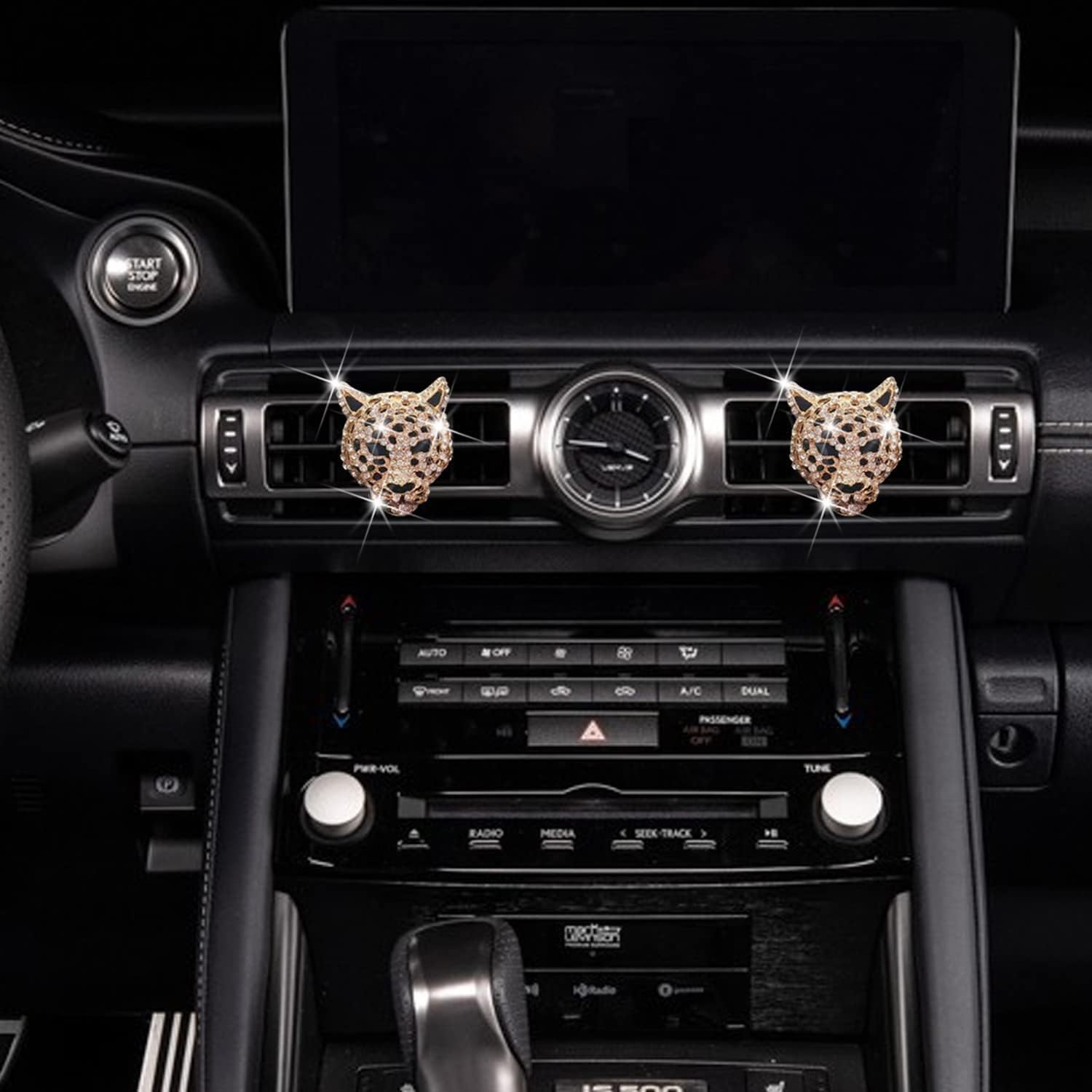 2 Pcs Bling Leopard Air Vent Clips, Crystal Leopard Car Air Fresheners Vent Clips Car Diffuser Vent Clip Rhinestone Decoration Interior Decor Diamond Bling Accessories for Women (Golden)