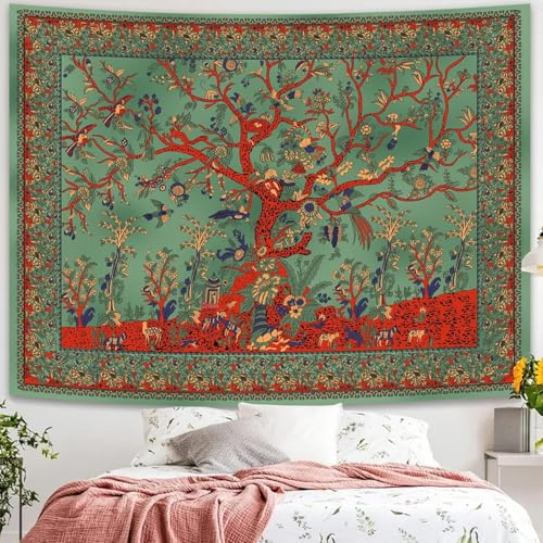 Simpkeely Arazzo da parete con albero della vita, mandala indiano, hippie, tie-dye, bohémien, decorazione artistica da parete per camera da letto, dormitorio, soggiorno, 130 x 140 cm (verde)