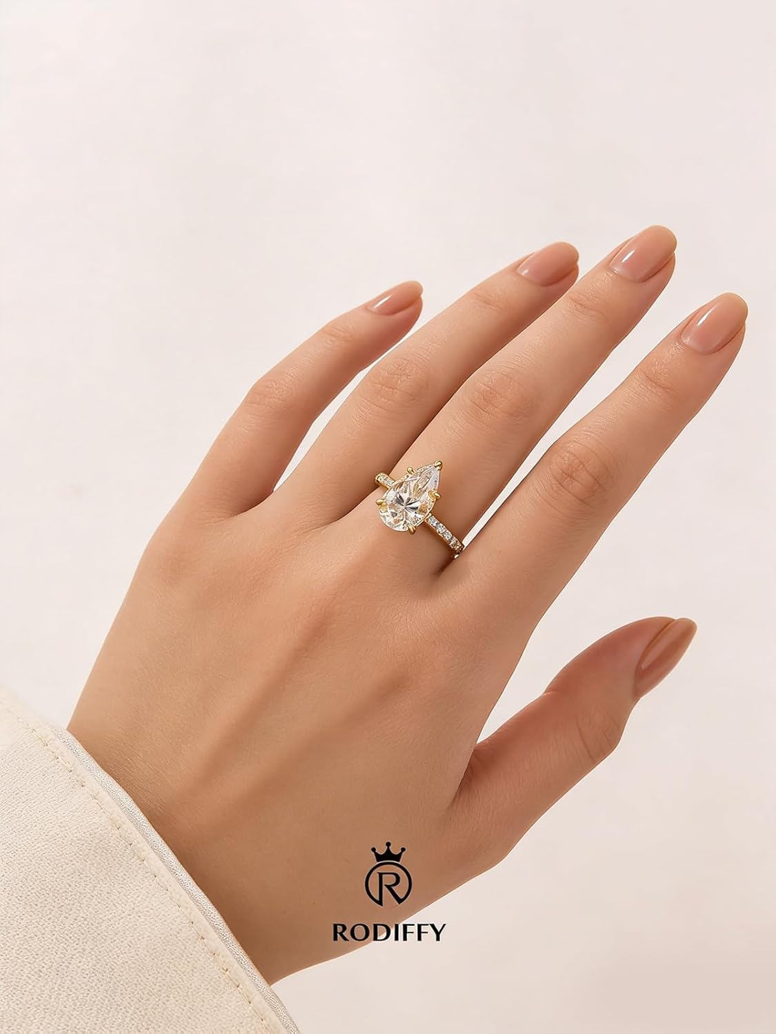 3 Carats Pear Cut Moissanite Ring for Women, Lab Created D Color VVS1, 14K Gold Plated S925 Silver Engagement Ring with Pavé Band - Image 4