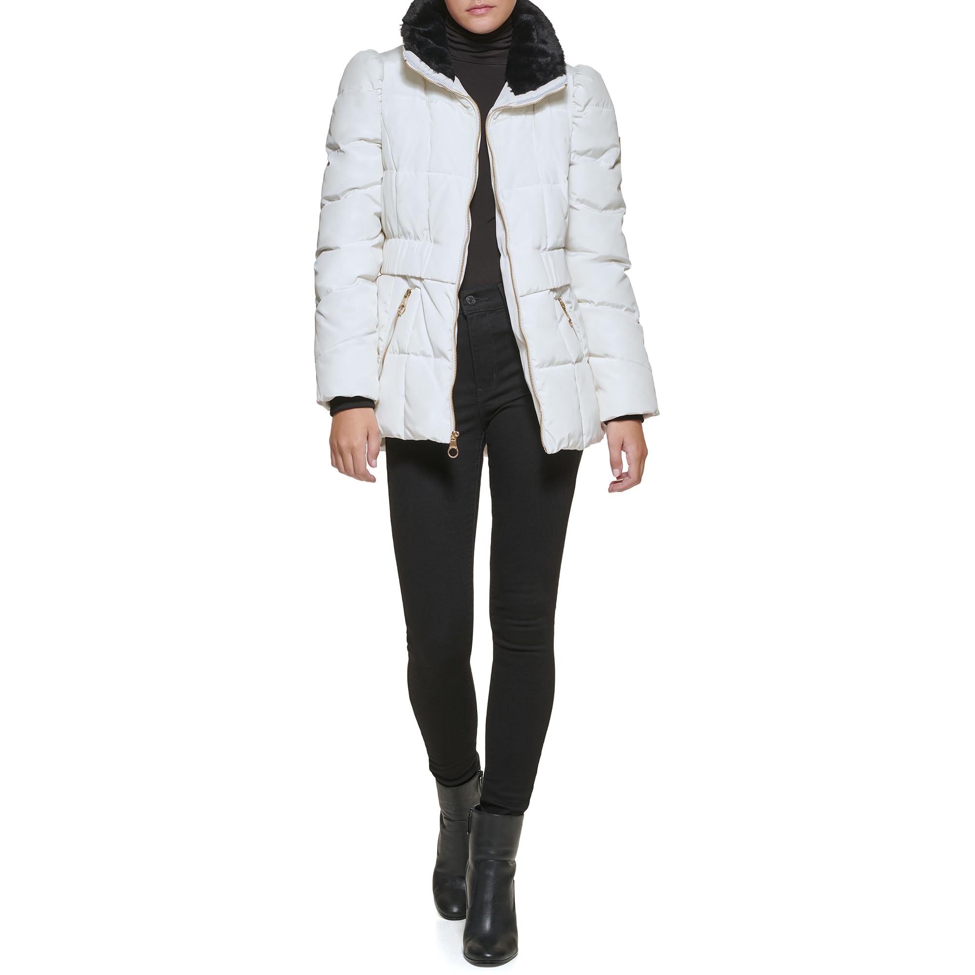 GUESS Women's Puffer Faux Fur Collar Quilted Coat, White, M
