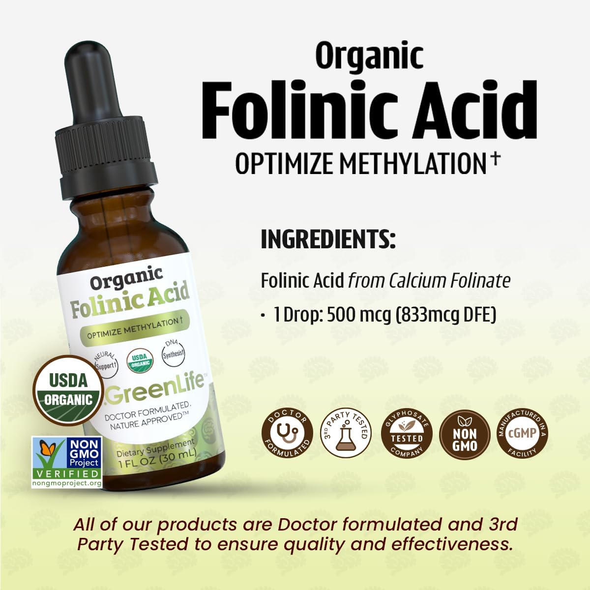 Dr. Green Life USDA Organic Folinic Acid Drops - 500 mcg per Drop | Methylation Support B9 Supplements for Kids & Adults | Supports Neurological Function, Nervous System Health & DNA Synthesis