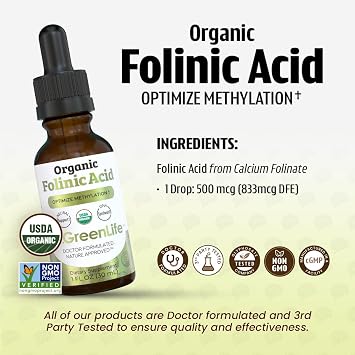 Dr. Green Mom Folinic Acid For Kids & Adults High Dose MTHFR-Friendly Folic Acid Alternative Organic Liquid Drops 500 mcg/Drop Vitamin B9 for Methylation, Neurological & DNA Support, 1 fl oz